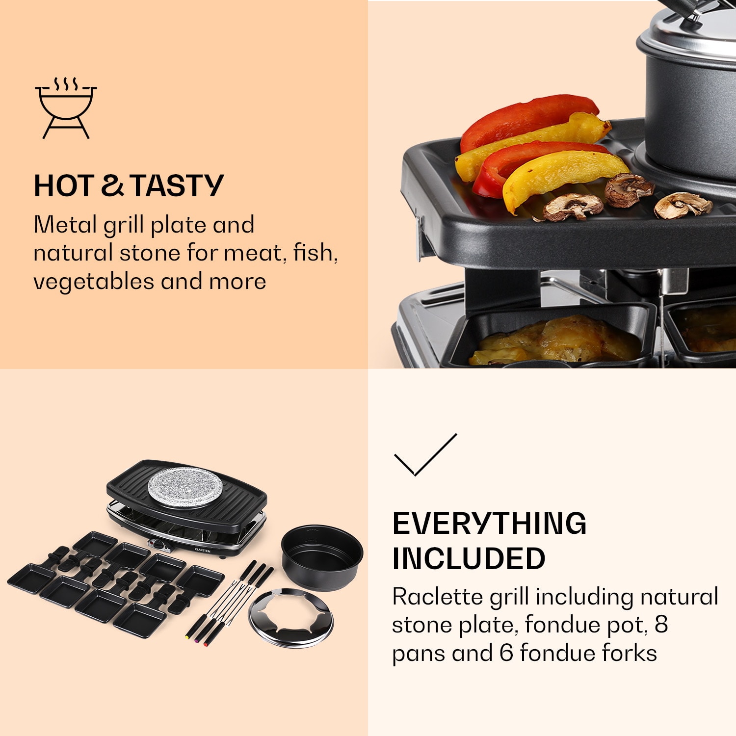 Klarstein Entrecote, raclette gril s fondue 2 v 1, 1100 W, prírodný kameň, pre 8 osôb, podložky – Obrázok 4