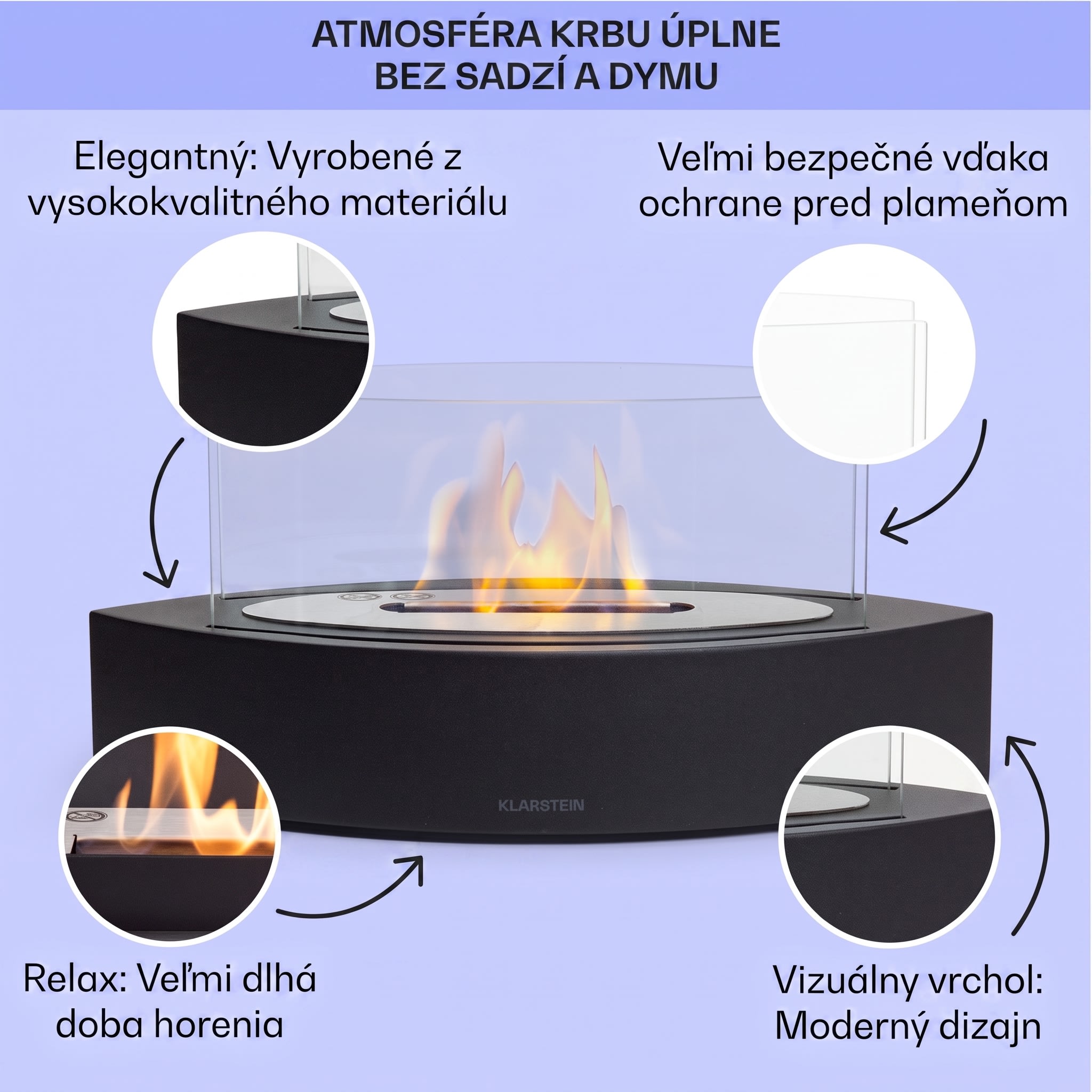 Klarstein Phantasma Curve ethanolový krb bez dymu a zápachu, nerezový horák, bezpečnostné sklo