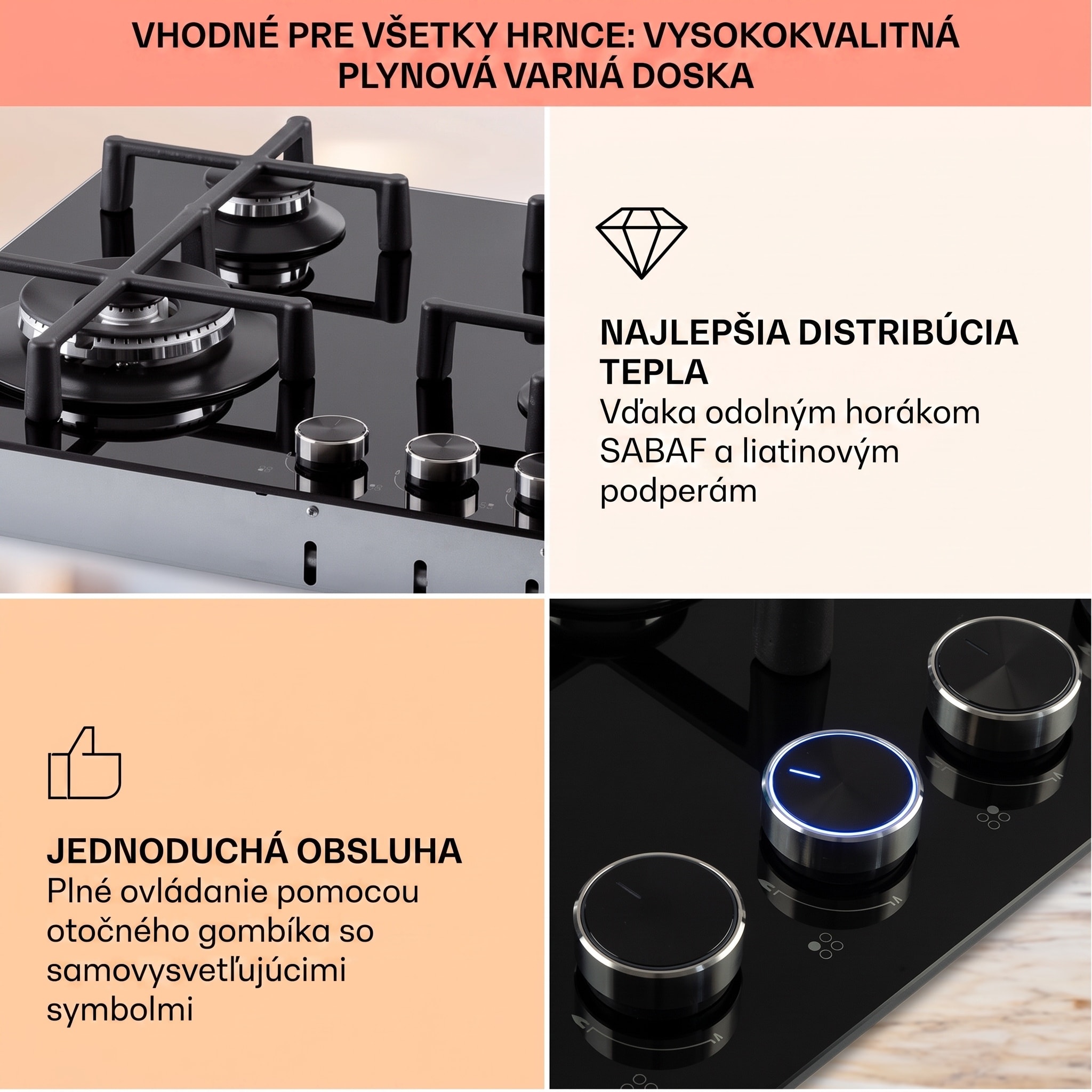 Klarstein Illuminosa 4, plynová varná doska, 4 Sabaf horáky, sklokeramika – Obrázok 3