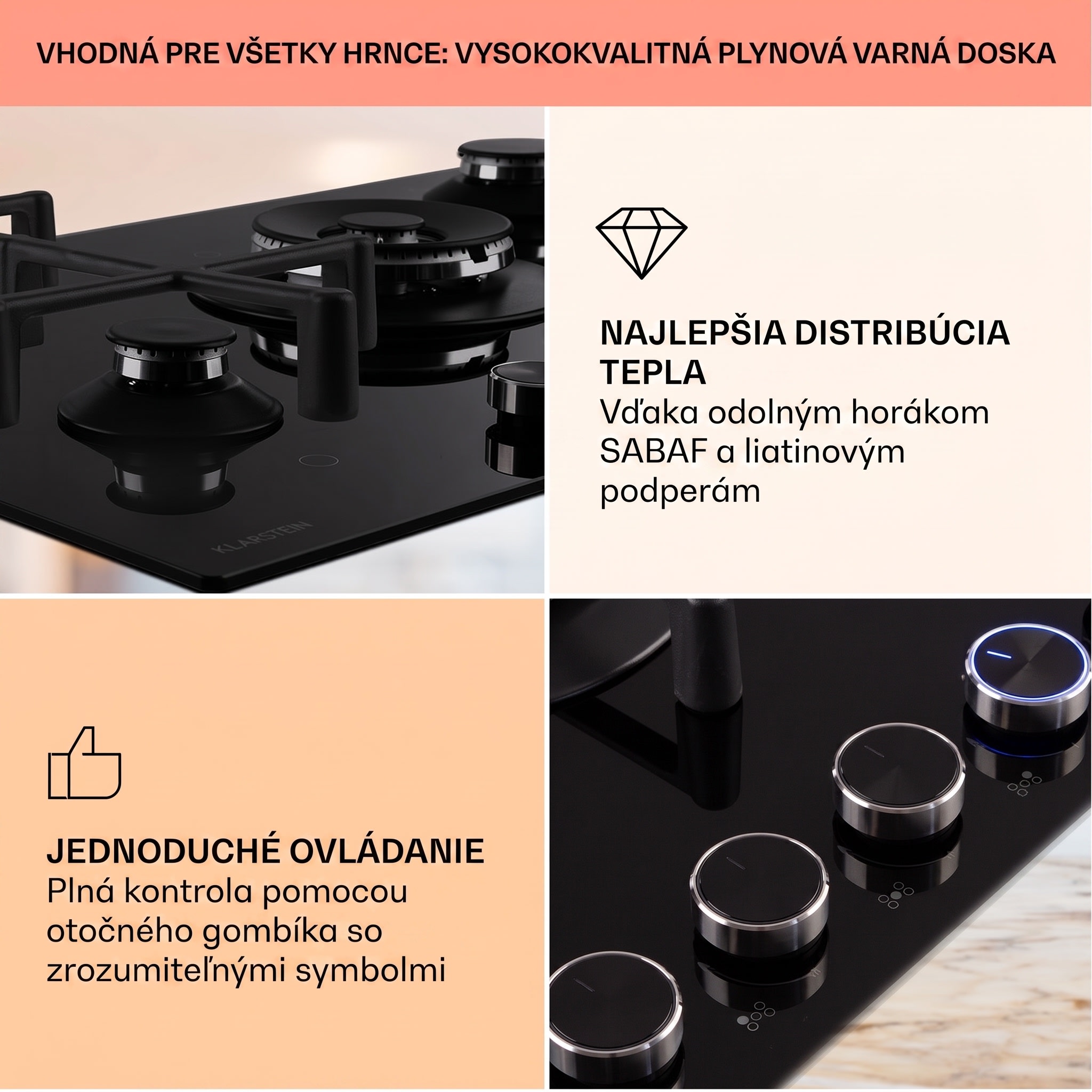 Klarstein Illuminosa 5 plynová varná doska 5 horákov Sabaf, sklokeramická – Obrázok 3