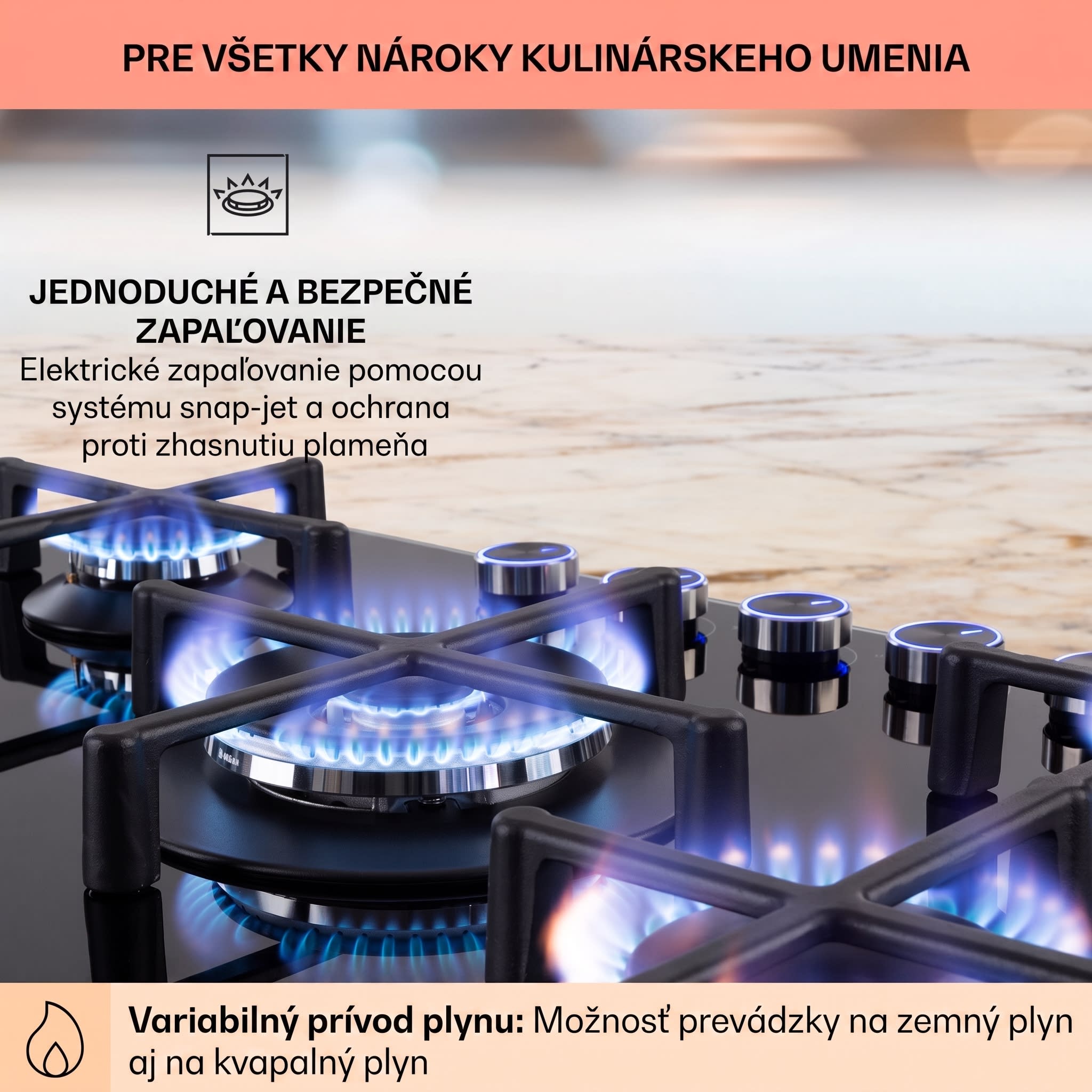 Klarstein Illuminosa 5 plynová varná doska 5 horákov Sabaf, sklokeramická – Obrázok 4