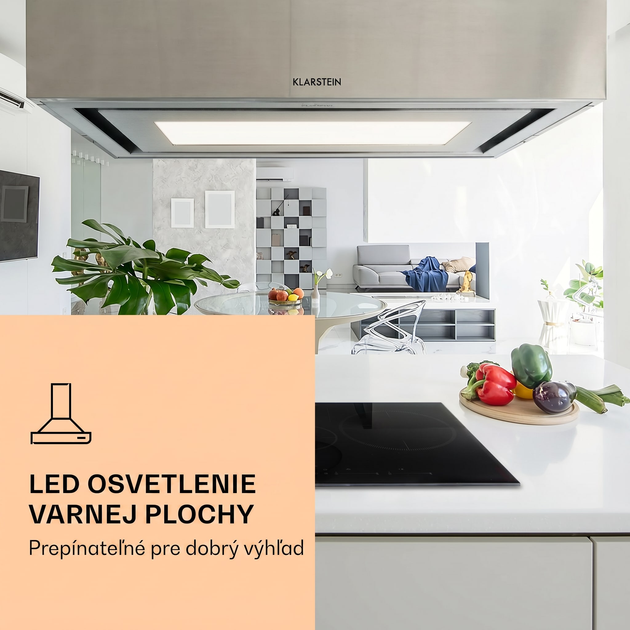 Klarstein Remy Brilliant Edition ostrovná digestor 90 cm 586 m³/h EEK A LED sklo
