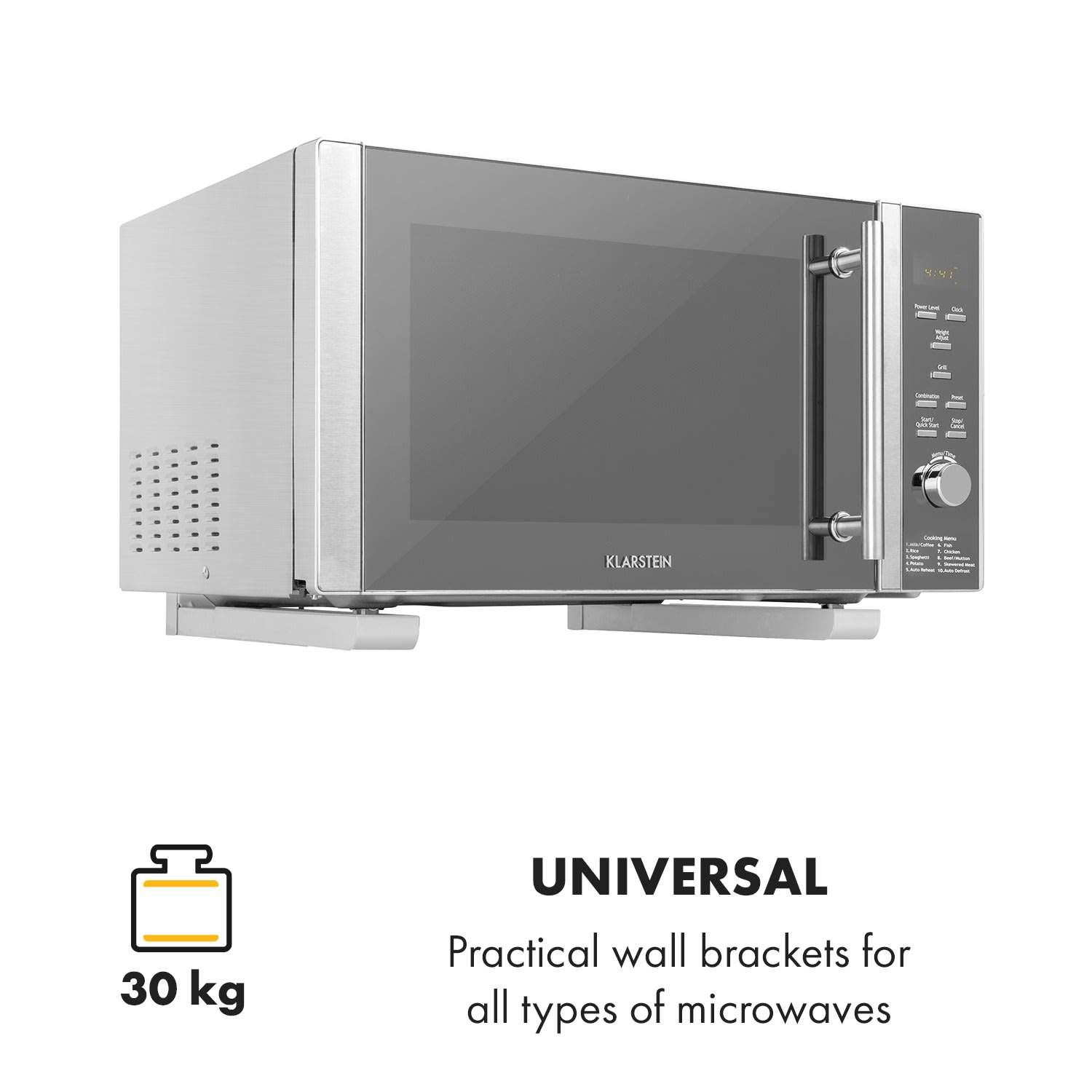 Klarstein MB-6, držiak na mikrovlnnú rúru, 30 kg, univerzálny, 32,5 – 49,2 cm, strieborný