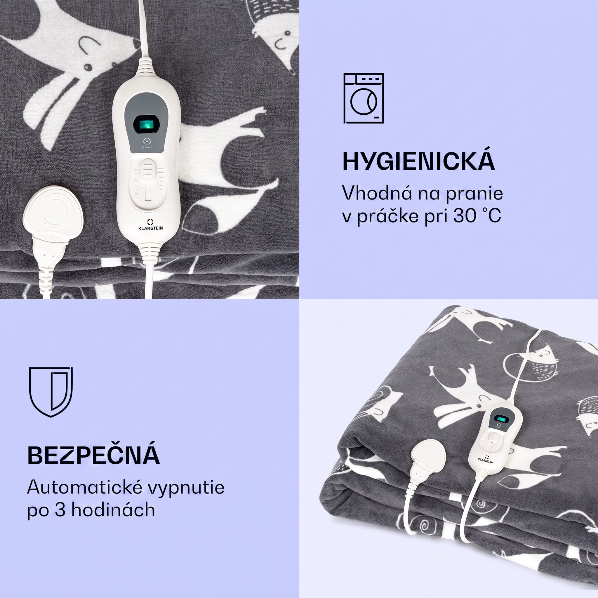 Klarstein Dr. Watson XXL, vyhrievacia deka, 120 W, 200 x 180 cm, coral fleece, antracitová, zvieratá – Obrázok 3