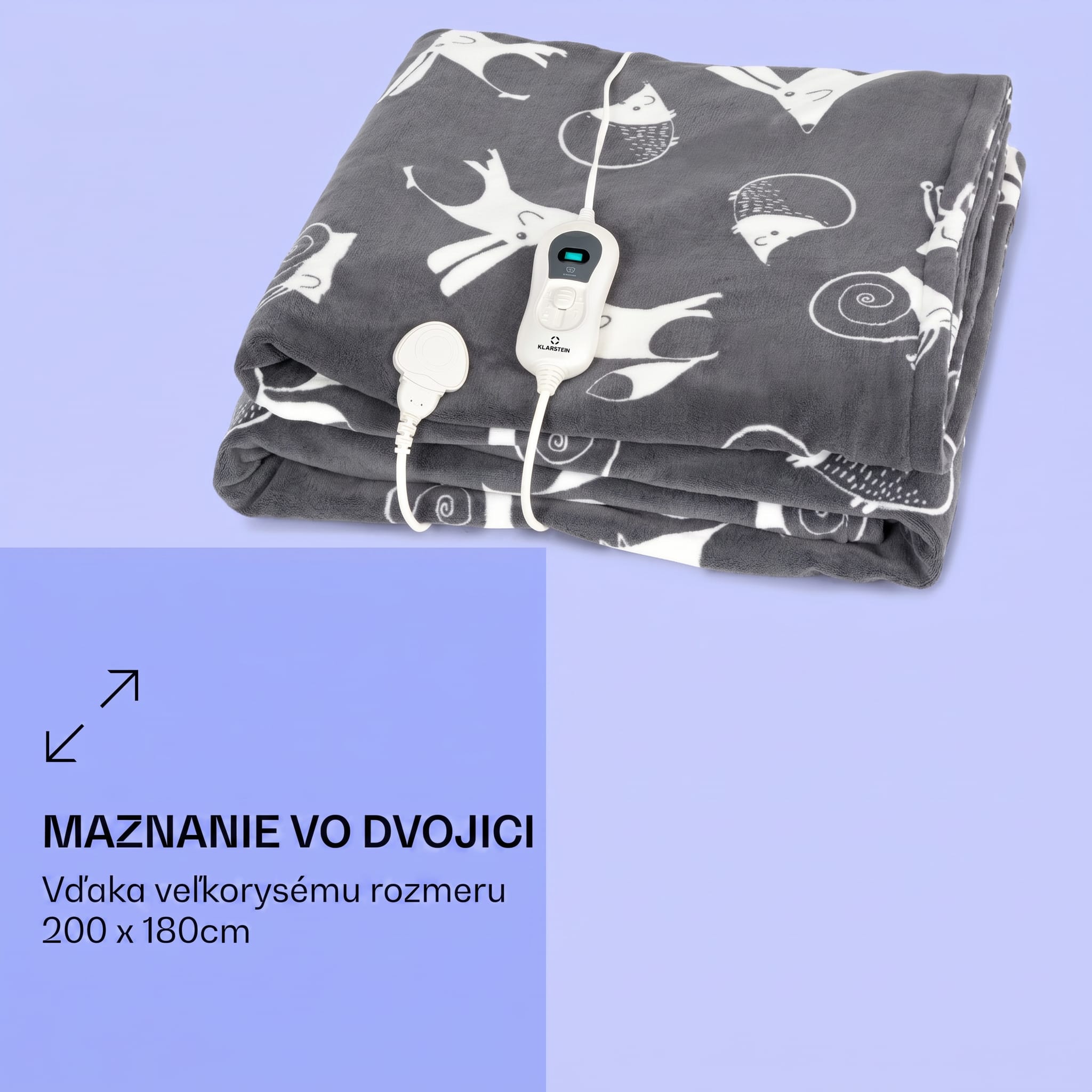 Klarstein Dr. Watson XXL, vyhrievacia deka, 120 W, 200 x 180 cm, coral fleece, antracitová, zvieratá – Obrázok 4