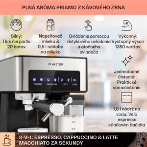 Klarstein Arabica Comfort kávovar s portafiltrom, 1350 W, 20 bar, 1,8 l, dotykový ovládací panel