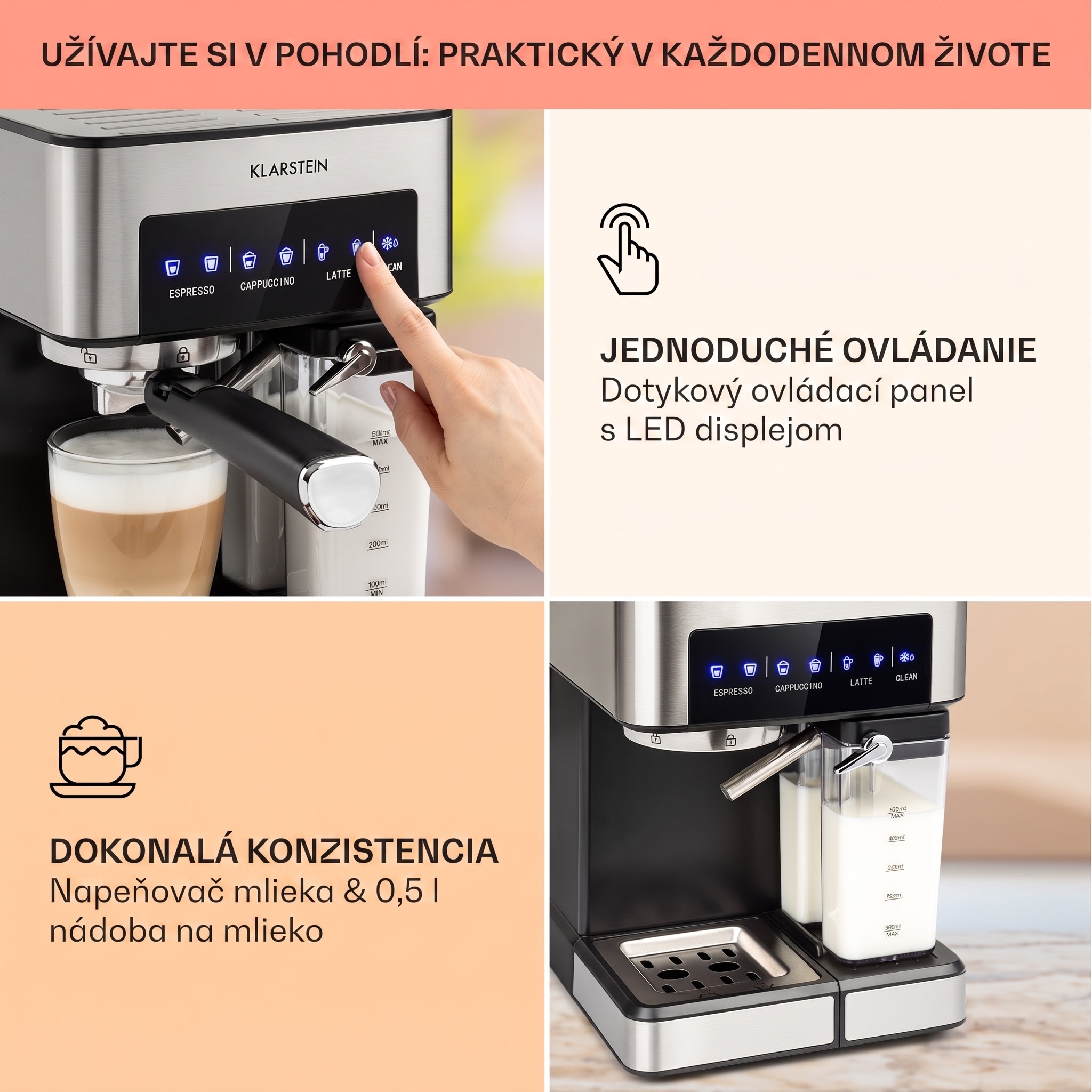 Klarstein Arabica Comfort kávovar s portafiltrom, 1350 W, 20 bar, 1,8 l, dotykový ovládací panel – Obrázok 2