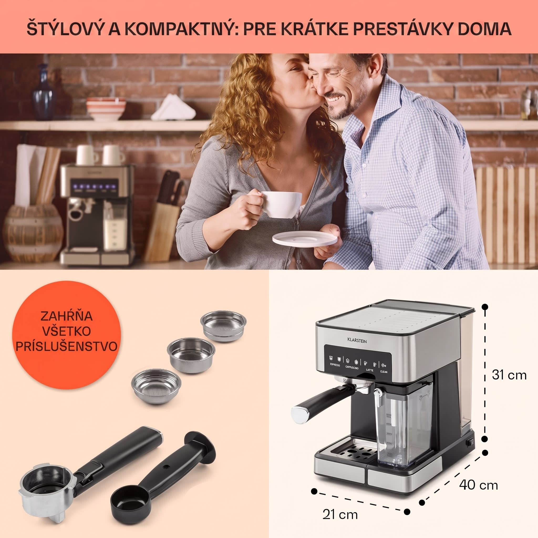 Klarstein Arabica Comfort kávovar s portafiltrom, 1350 W, 20 bar, 1,8 l, dotykový ovládací panel – Obrázok 4