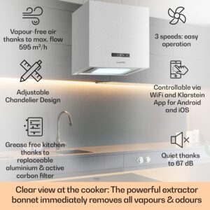 Klarstein Kronleuchter Smart, digestor, 40 cm, ostrovčekový, 595 m³/h, ovládánie cez aplikáciu, LED panel, strieborný