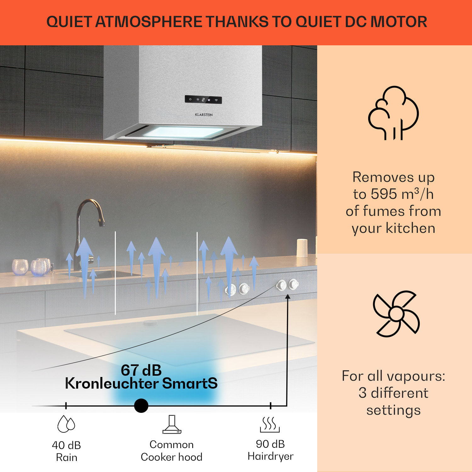 Klarstein Kronleuchter Smart, digestor, 40 cm, ostrovčekový, 595 m³/h, ovládánie cez aplikáciu, LED panel, strieborný – Obrázok 2