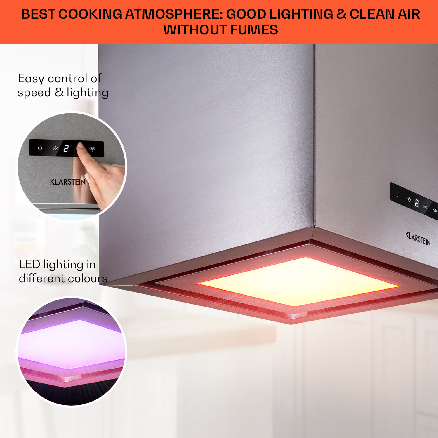 Klarstein Kronleuchter Smart, digestor, 40 cm, ostrovčekový, 595 m³/h, ovládánie cez aplikáciu, LED panel, strieborný – Obrázok 3