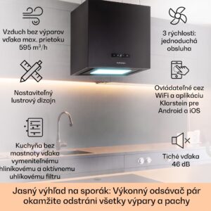 Klarstein Kronleuchter Smart, digestor, 40 cm, ostrovčekový, 595 m³/h, ovládánie cez aplikáciu, LED panel, čierna