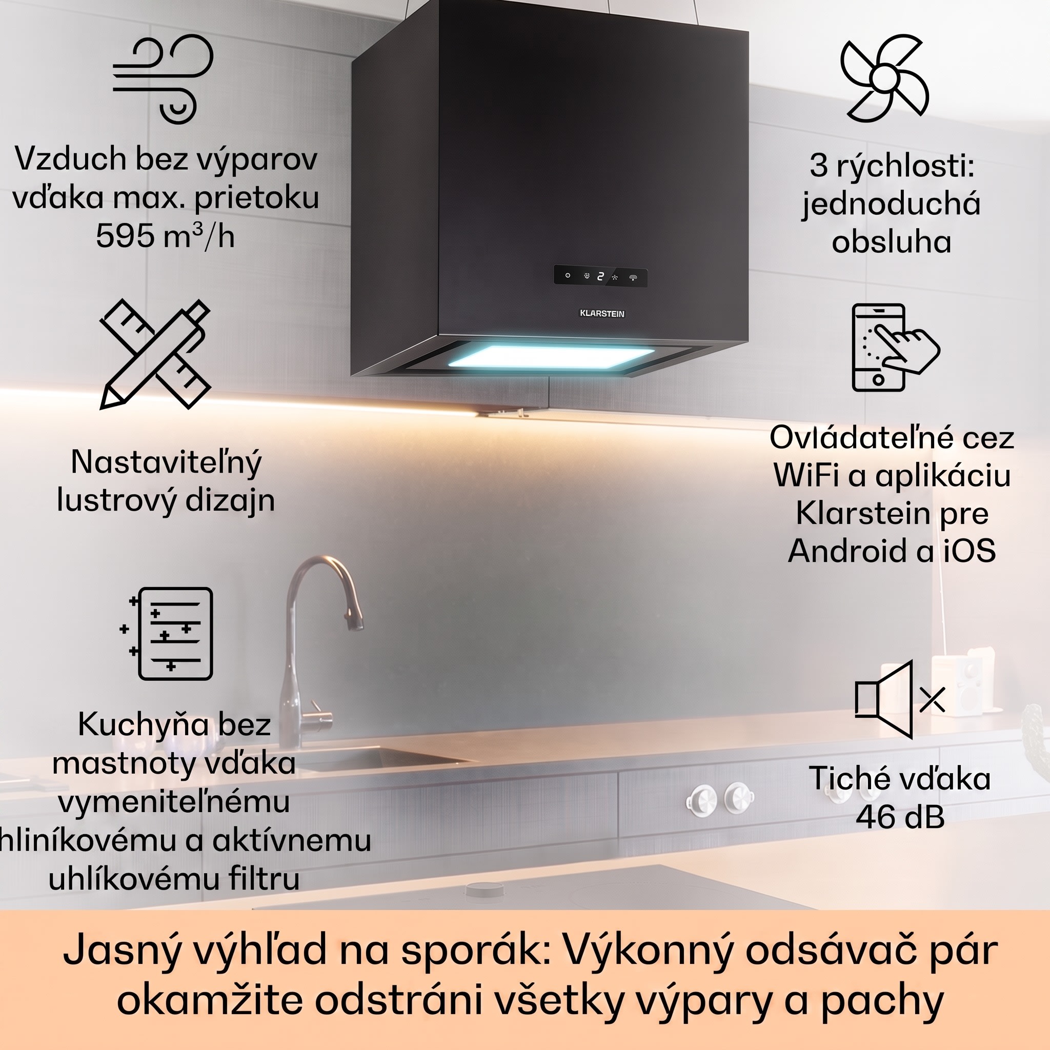 Klarstein Kronleuchter Smart, digestor, 40 cm, ostrovčekový, 595 m³/h, ovládánie cez aplikáciu, LED panel, čierna