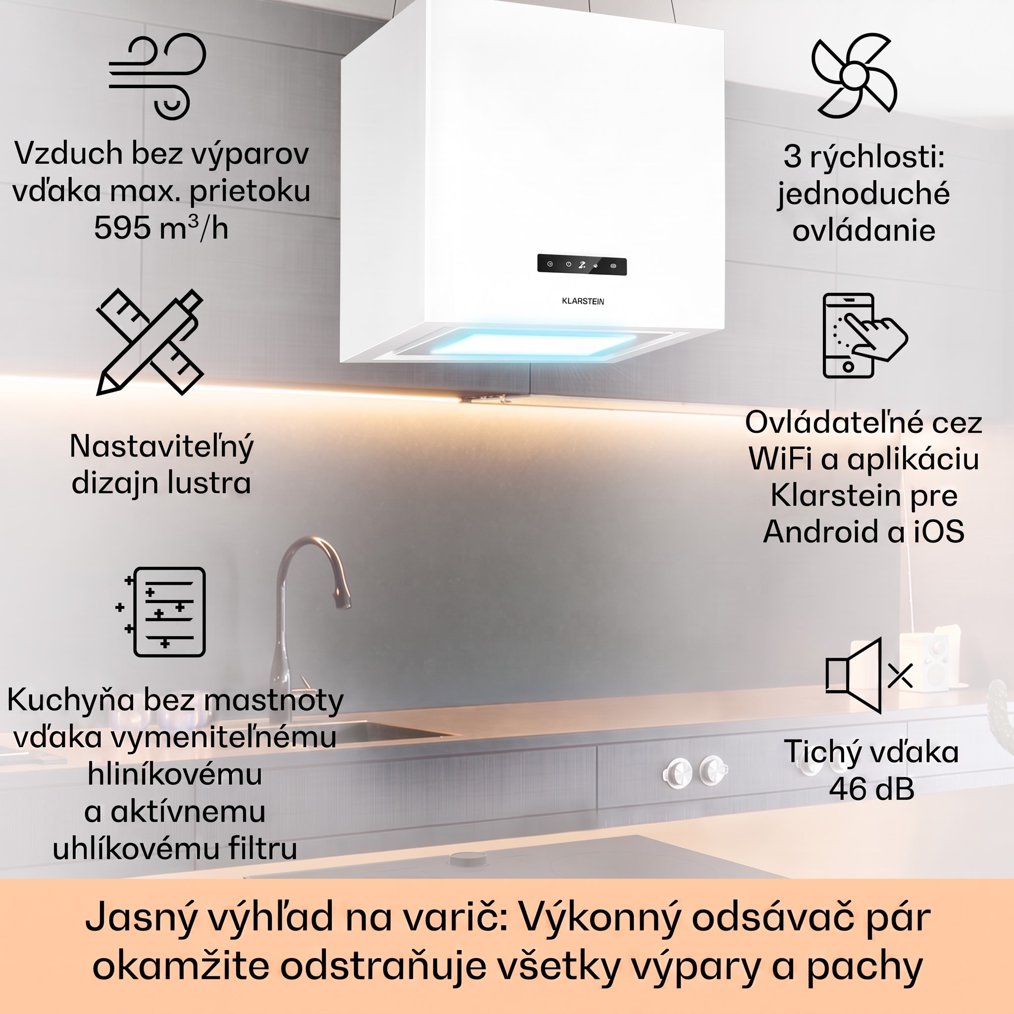 Klarstein Kronleuchter Smart ostrovná digestorová kapucňa 595 m³/h, ovládanie cez aplikáciu, LED panel