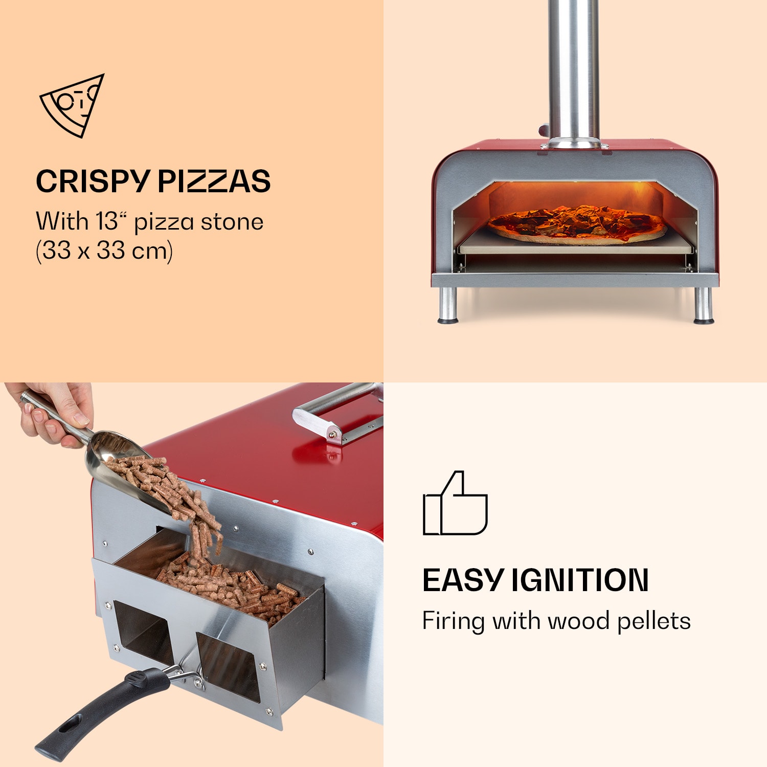 Klarstein Diavolo, peletová pec na pizzu, vrátane kameňa na pizzu, teplomer, nehrdzavejúca oceľ – Obrázok 2