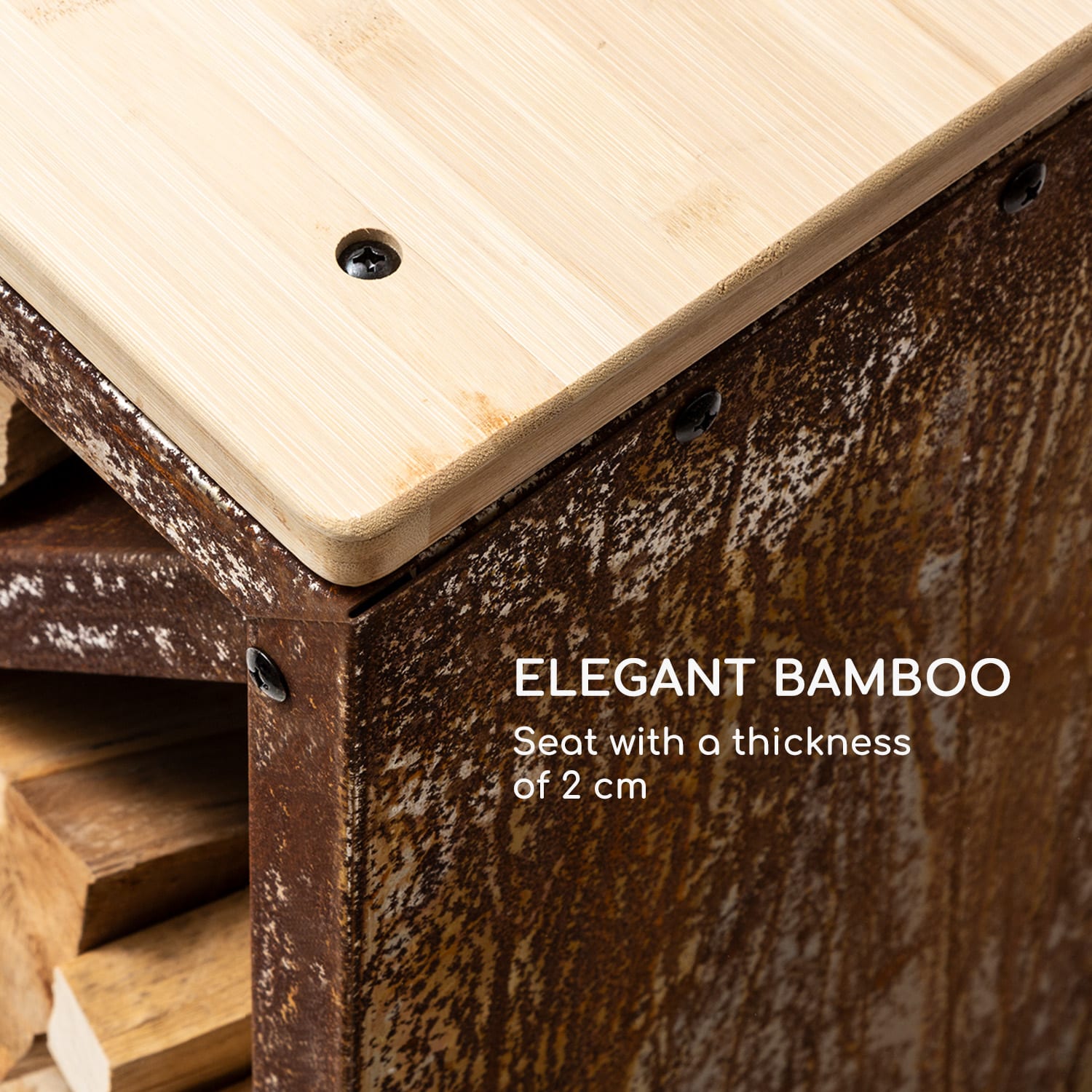 Blumfeldt Kindlewood S Rust, stojan na drevo, lavička, 57 × 56 × 36 cm, bambus, zinok – Obrázok 3