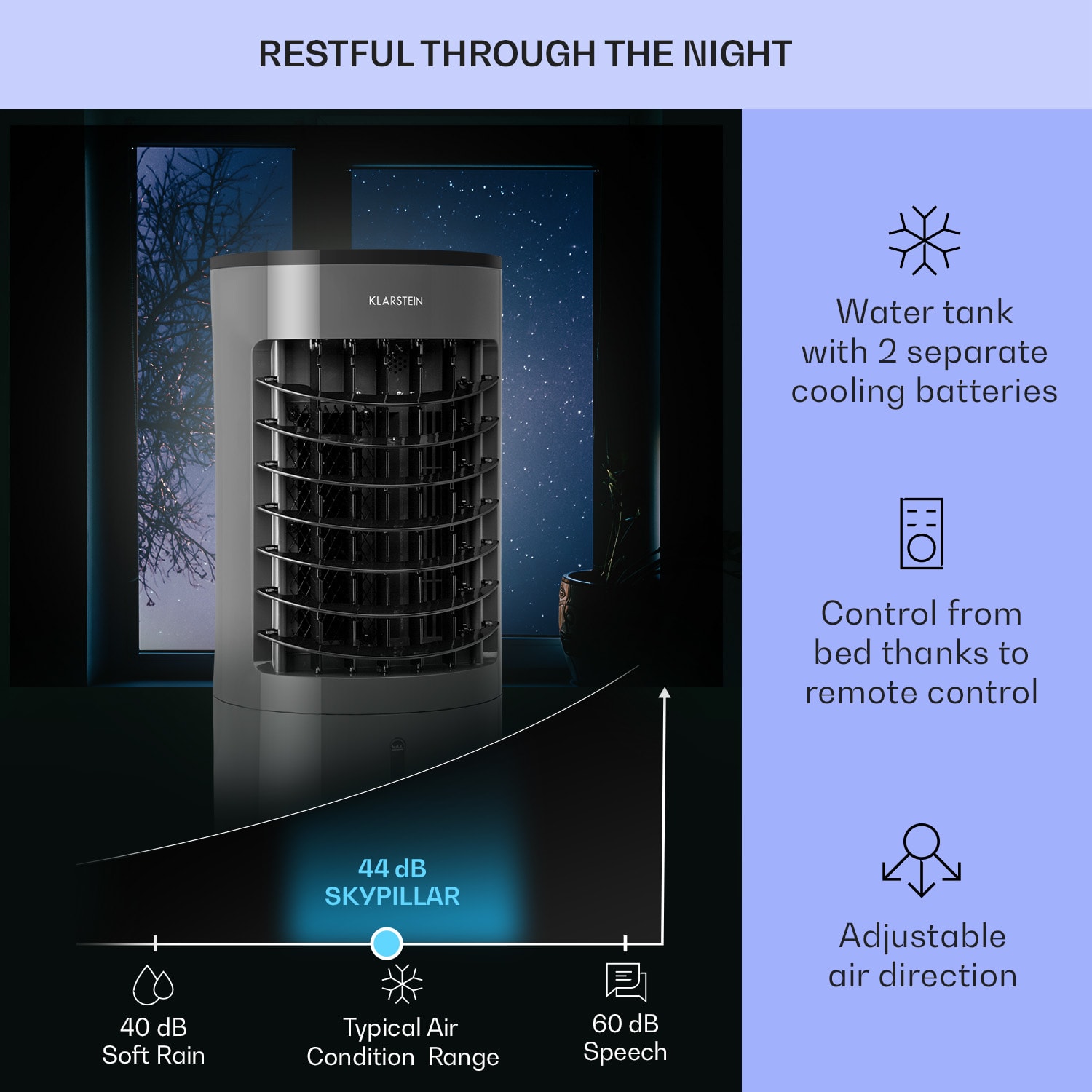 Klarstein Skypillar, 3 v 1 ochladzovač vzduchu, ventilátor, zvlhčovač vzduchu, 5 l, diaľkový ovládač – Obrázok 3