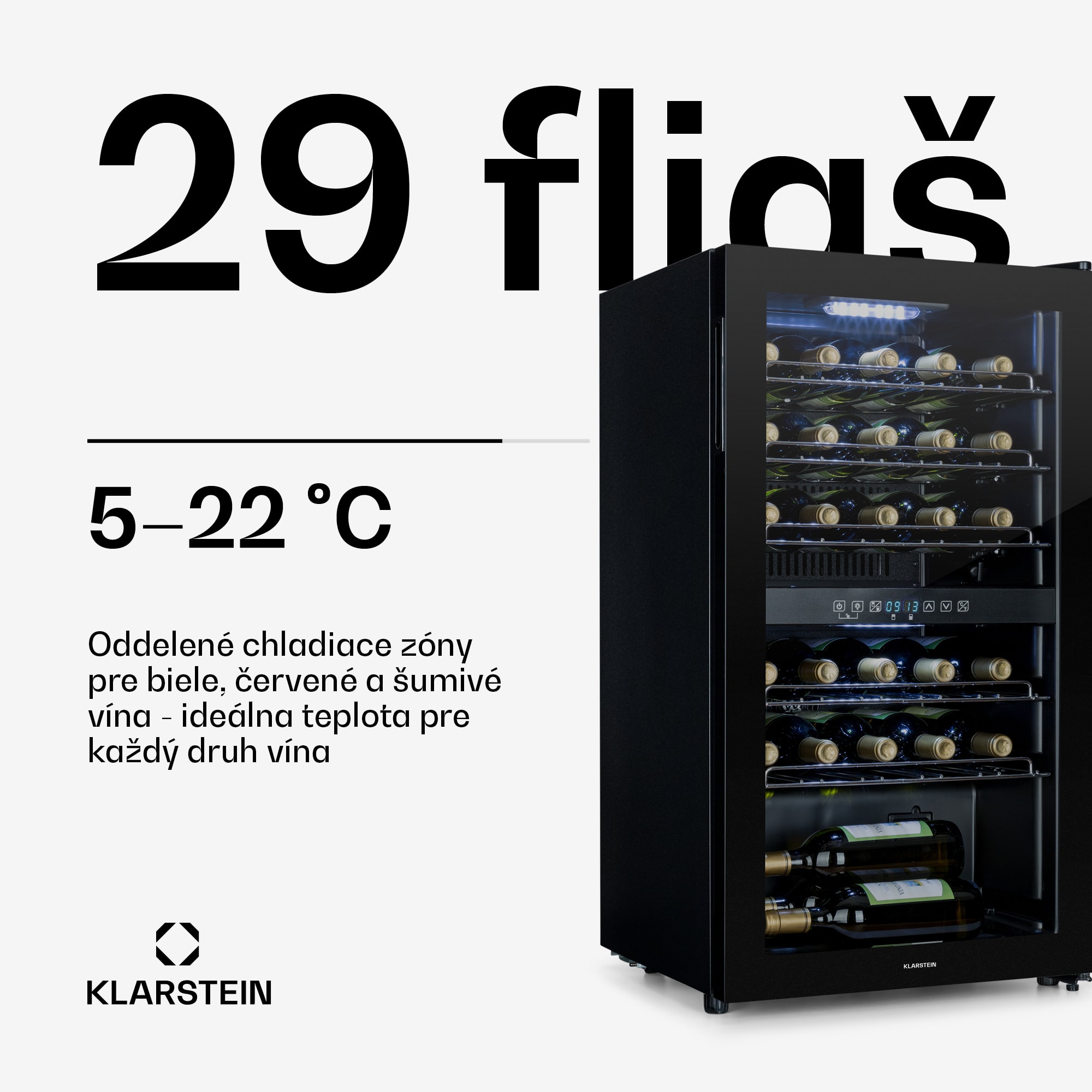 Klarstein Shiraz 29 Duo, vinotéka, 80 l, 29 fliaš, 2 zóny, 5–22°C, dotykové ovládanie, čierna – Obrázok 2