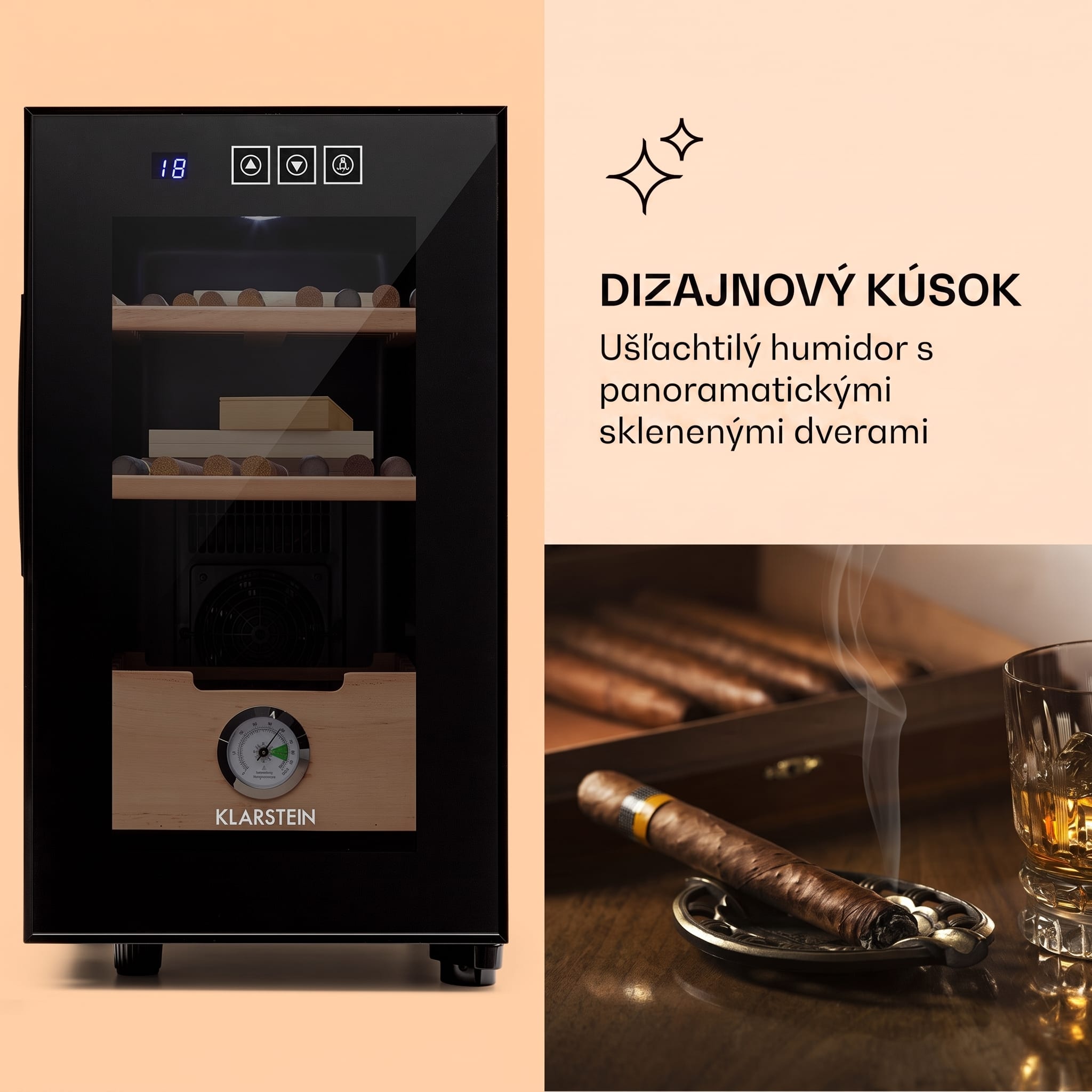Klarstein El Presidente 23, humidor na cigary, 23 l, 45 W, dotykové ovládanie, bukové drevo, LED – Obrázok 2