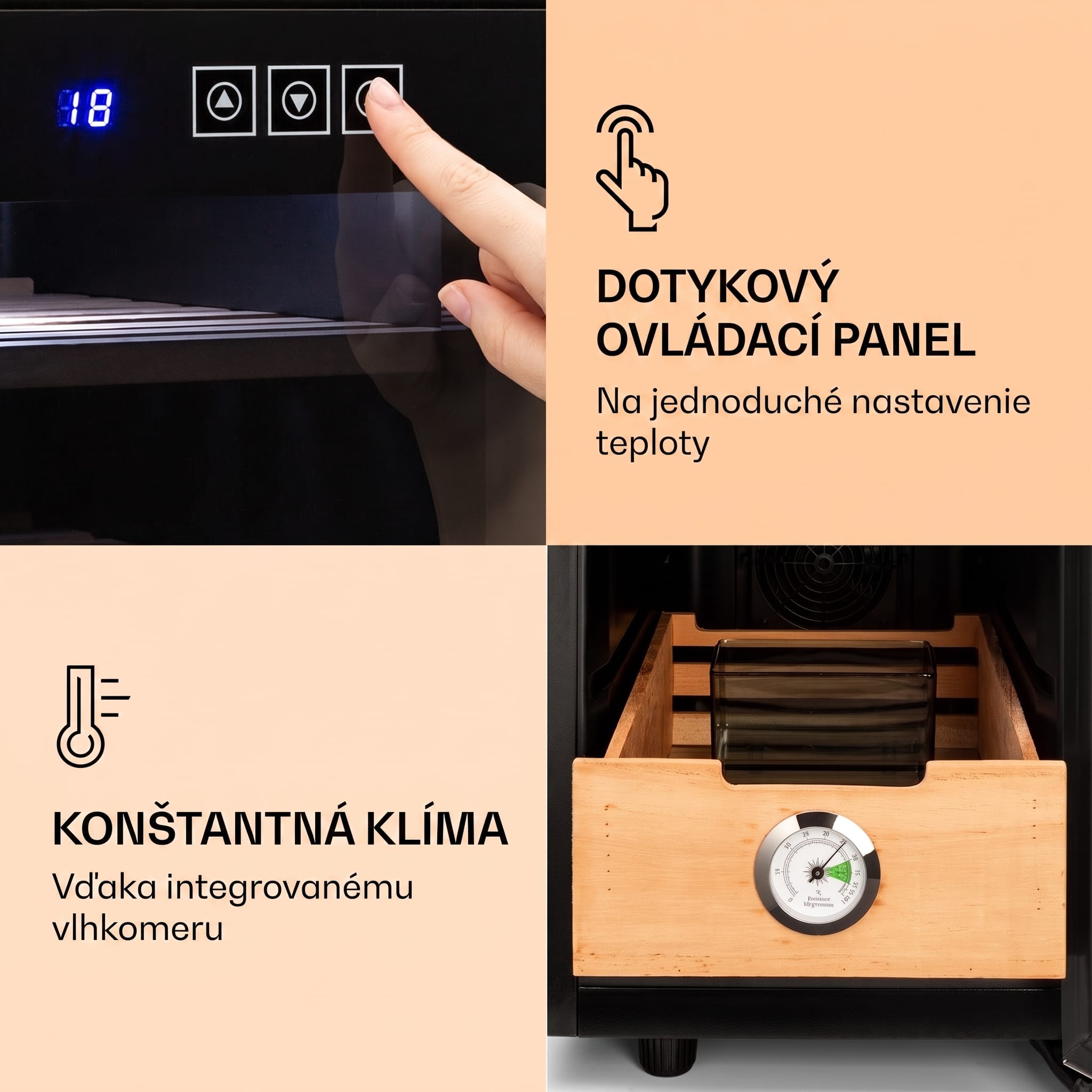 Klarstein El Presidente 23, humidor na cigary, 23 l, 45 W, dotykové ovládanie, bukové drevo, LED – Obrázok 4