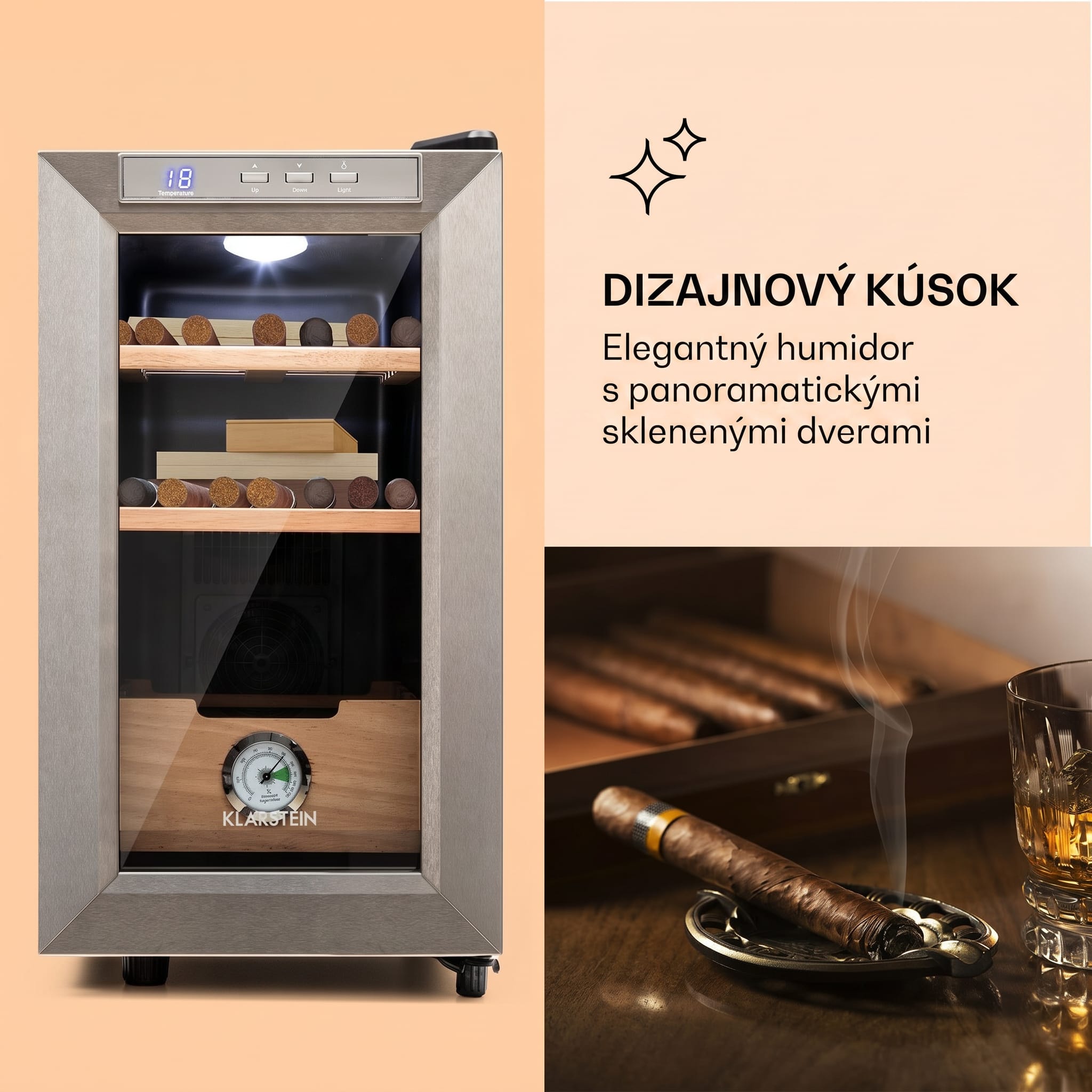 Klarstein El Presidente 23, humidor na cigary, 23 l, 45 W, dotykové ovládanie, bukové drevo, LED – Obrázok 2