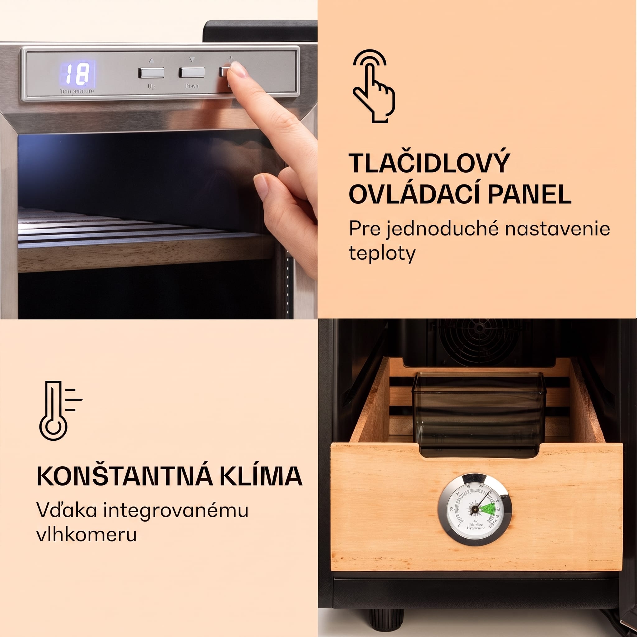 Klarstein El Presidente 23, humidor na cigary, 23 l, 45 W, dotykové ovládanie, bukové drevo, LED – Obrázok 4