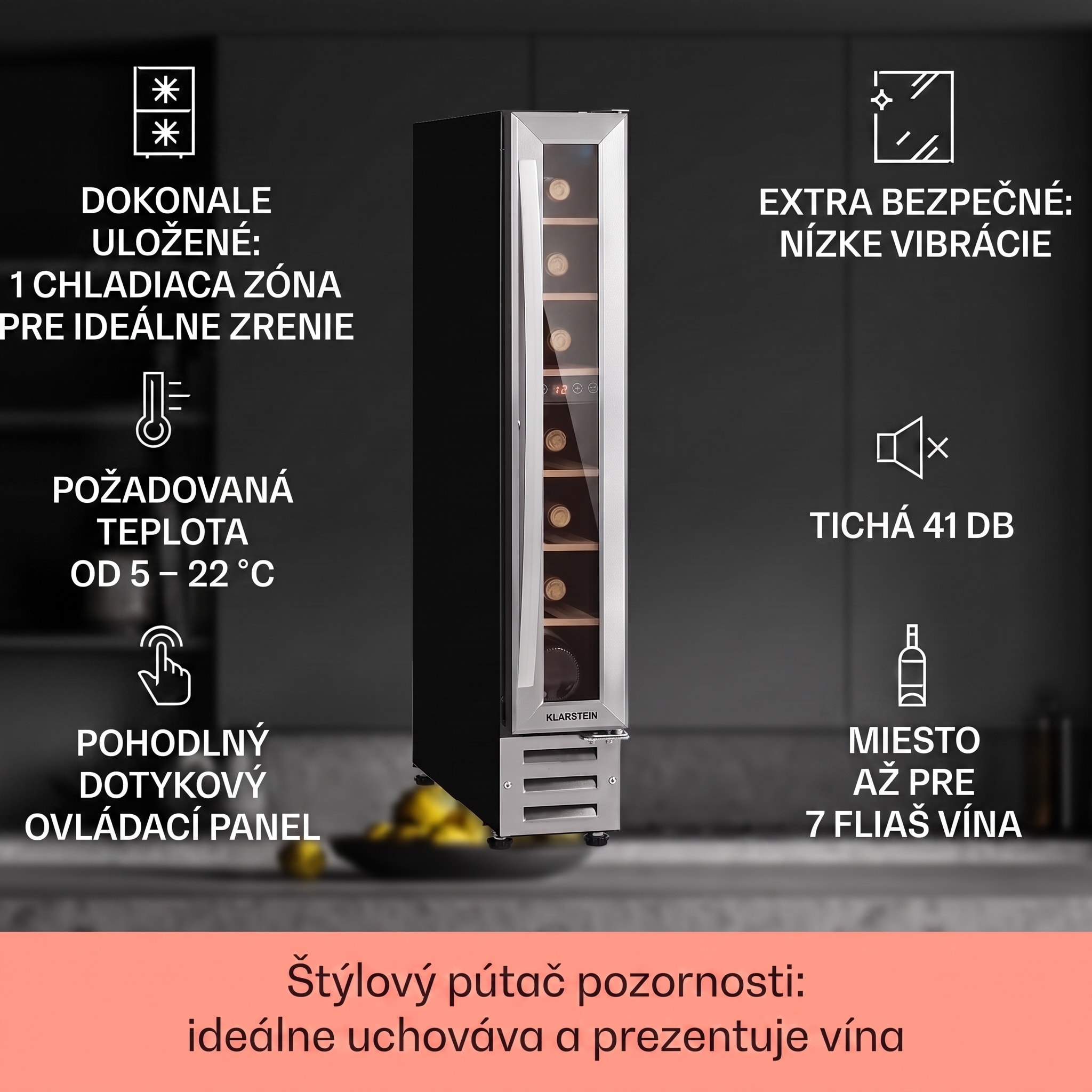 Klarstein Vinovilla 7 built-in Uno, vstavaná vinotéka, sklo, nehrdzavejúca oceľ