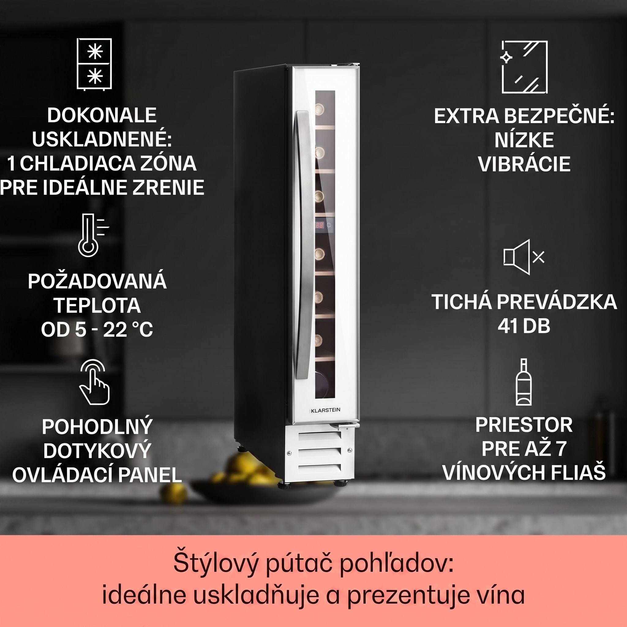 Klarstein Vinovilla 7 built-in Uno Quartz, vstavaná vinotéka, biele sklo, nehrdzavejúca oceľ