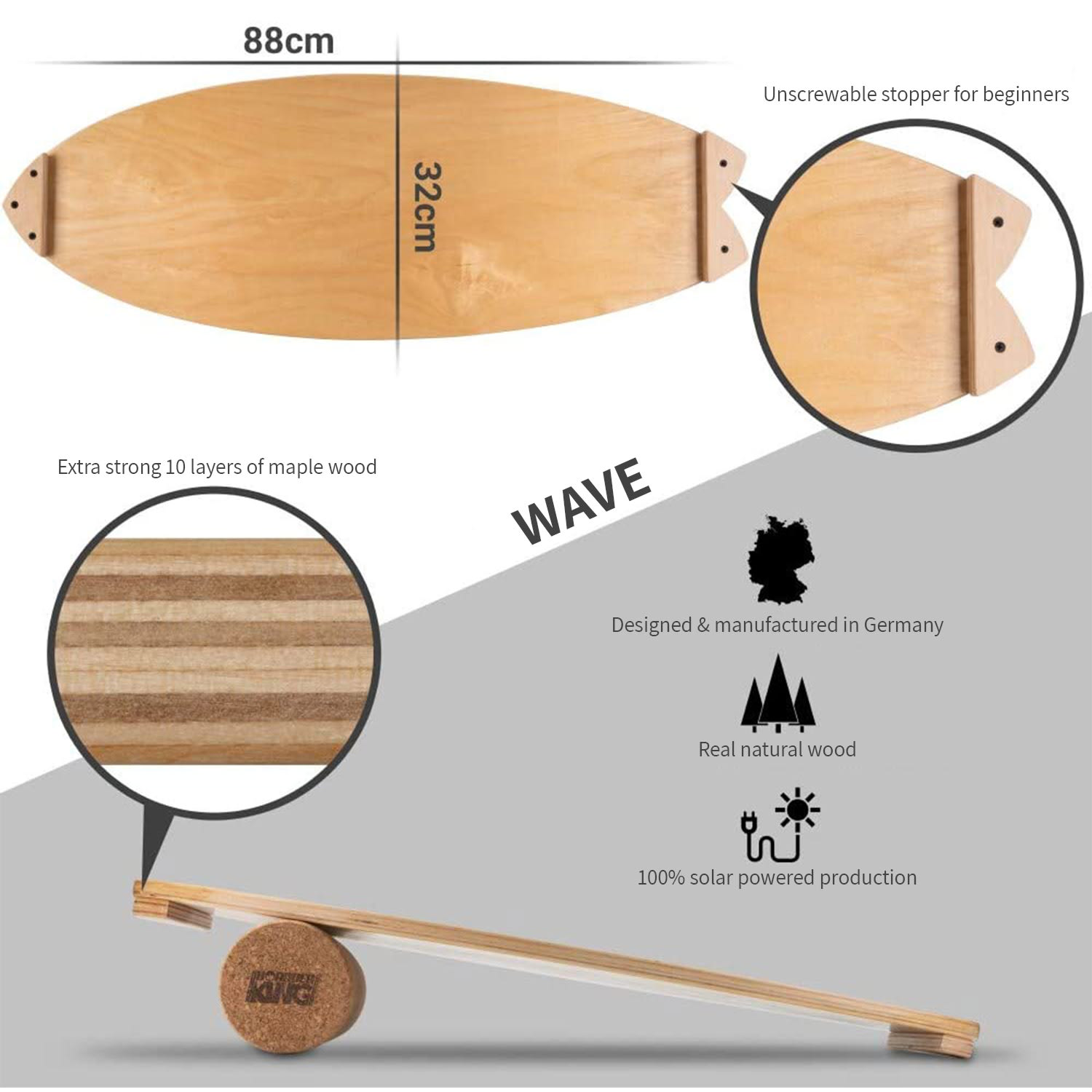 BoarderKING Indoorboard Wave, balančná doska, podložka, valec, drevo/korok