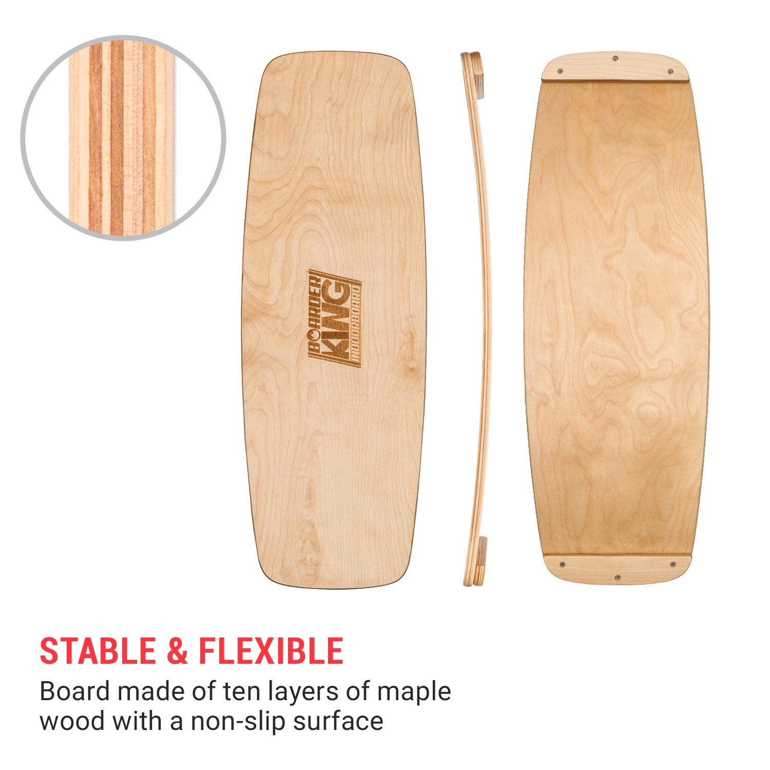 BoarderKING Indoorboard Curved, balančná doska, podložka, valec, drevo/korok – Obrázok 2
