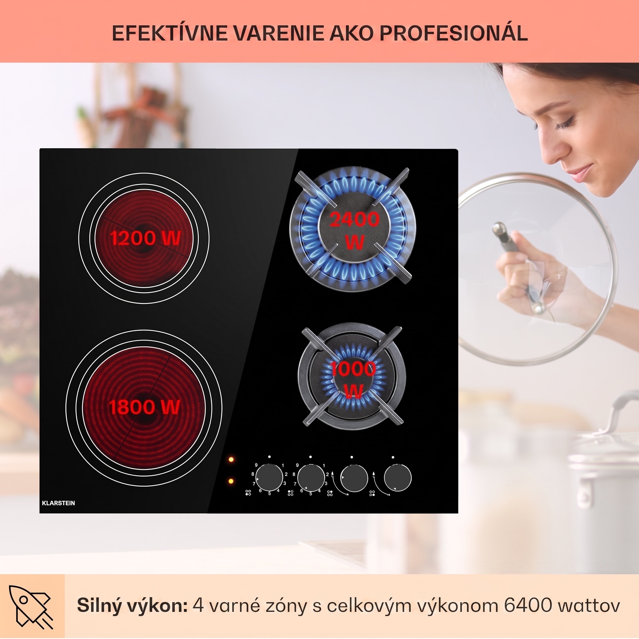 Klarstein MultiChef 4, kombinovaná plynová varná doska, 4 zóny, plyn/sklokeramika – Obrázok 2