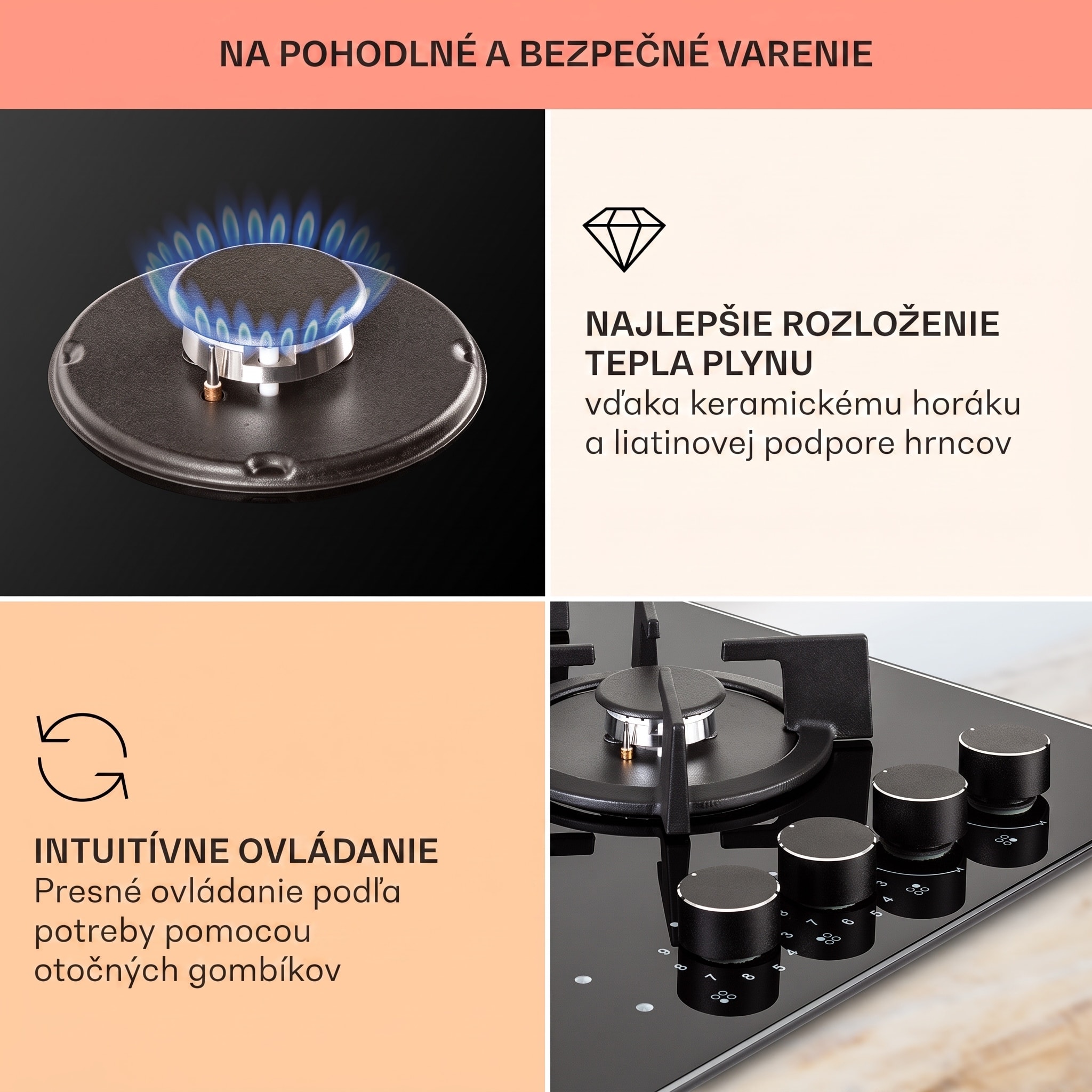 Klarstein MultiChef 4, kombinovaná plynová varná doska, 4 zóny, plyn/sklokeramika – Obrázok 3