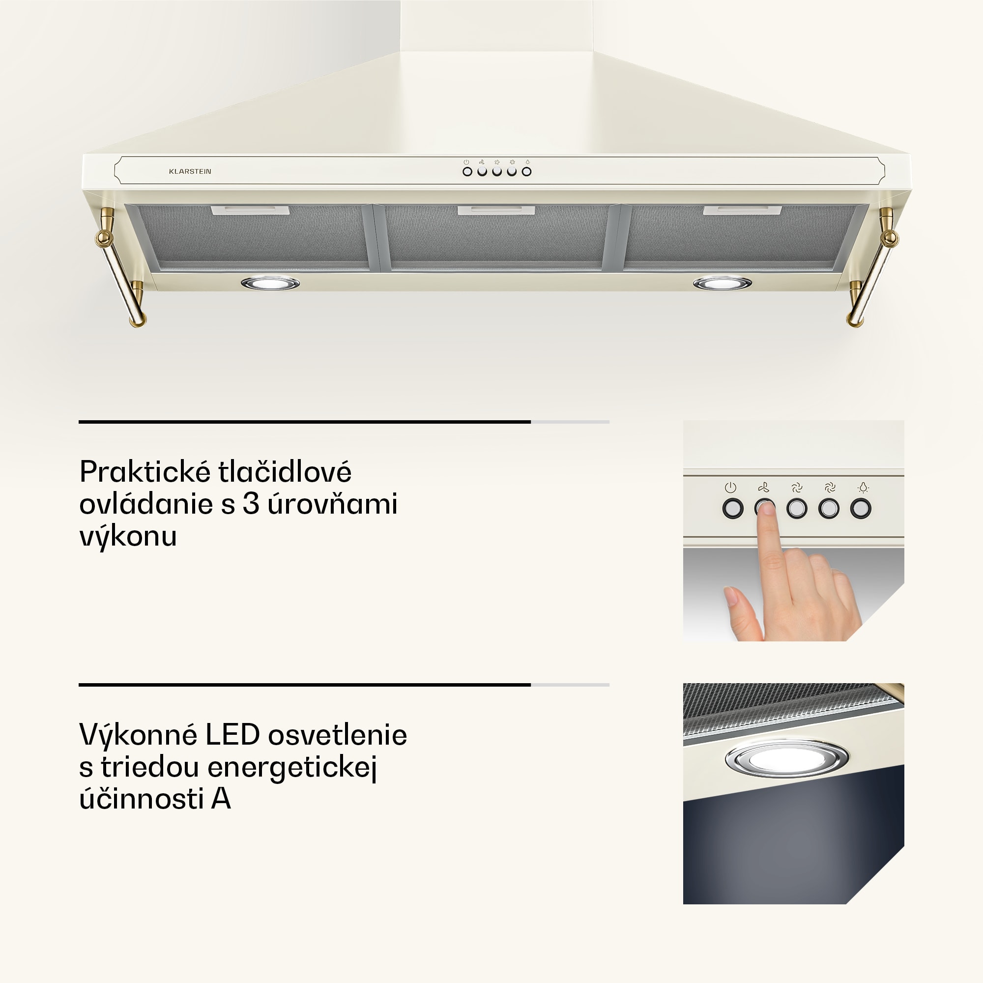 Klarstein Victoria 90, digestor, 90 cm, nástenný, 644,5 m³/h, LED, retro dizajn, slonovinový – Obrázok 4