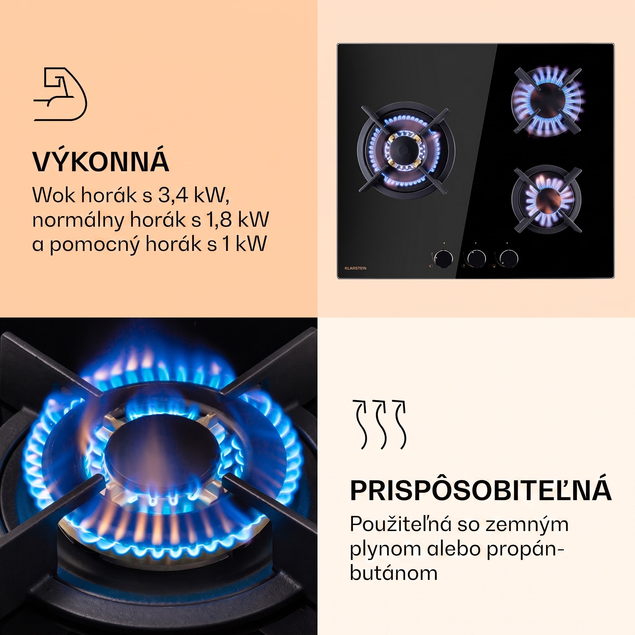 Klarstein Goldflame 3, plynová varná doska, 3 Messing horáky, sklokeramika – Obrázok 3