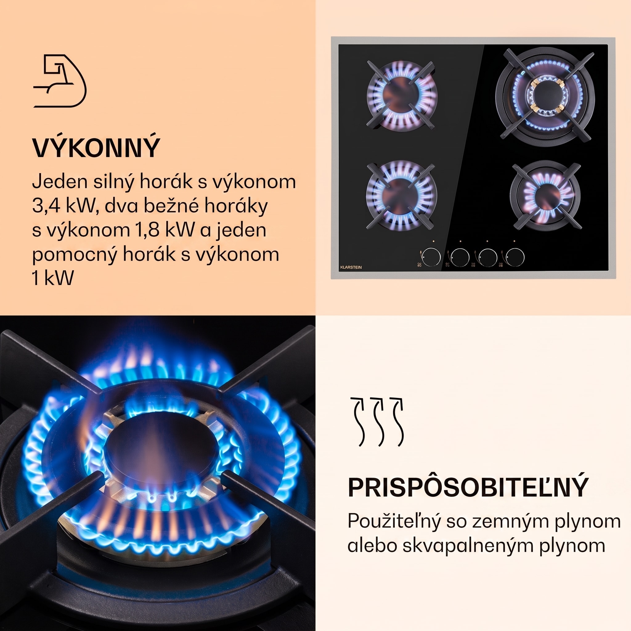 Klarstein Goldflame 4 Prime, plynová varná doska, 4 Messing horáky, sklokeramika – Obrázok 3