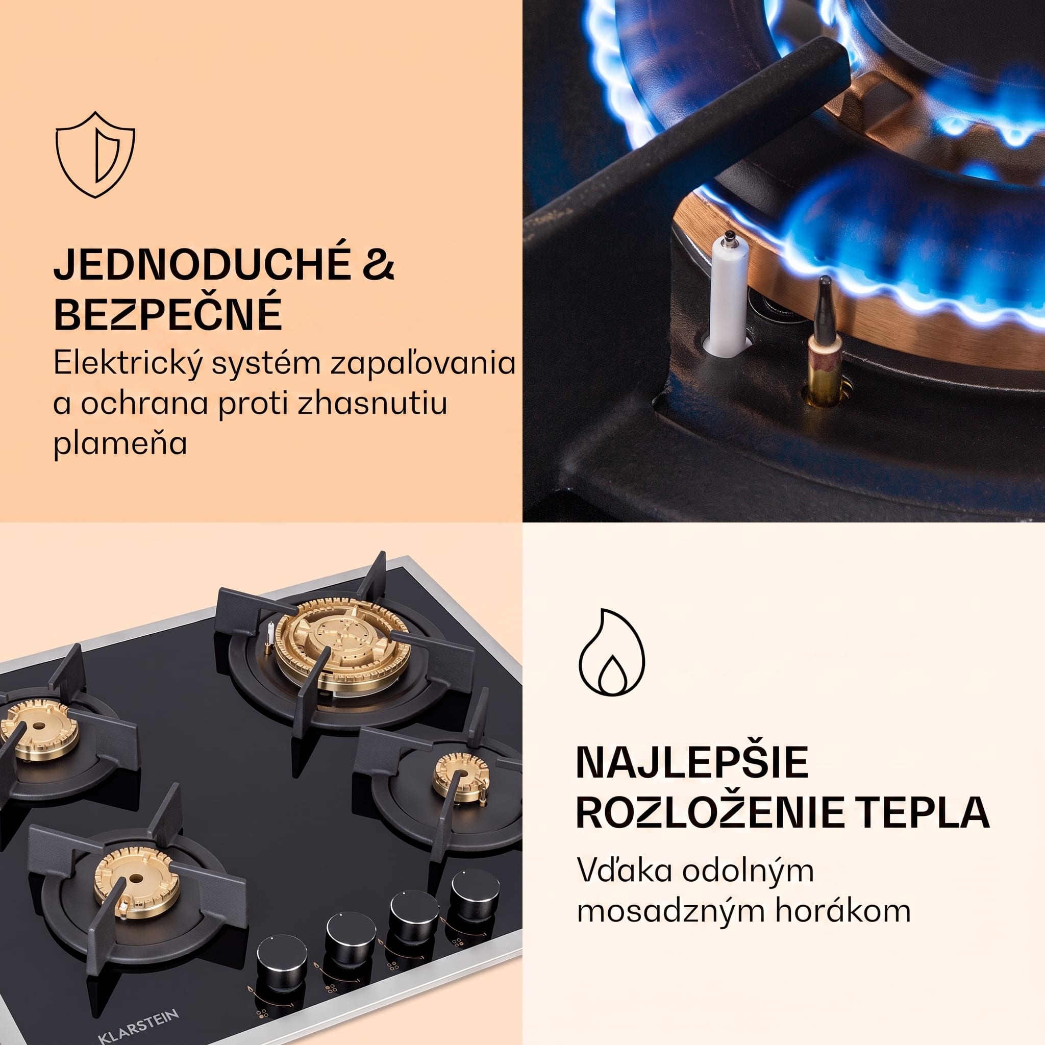 Klarstein Goldflame 4 Prime, plynová varná doska, 4 Messing horáky, sklokeramika – Obrázok 4