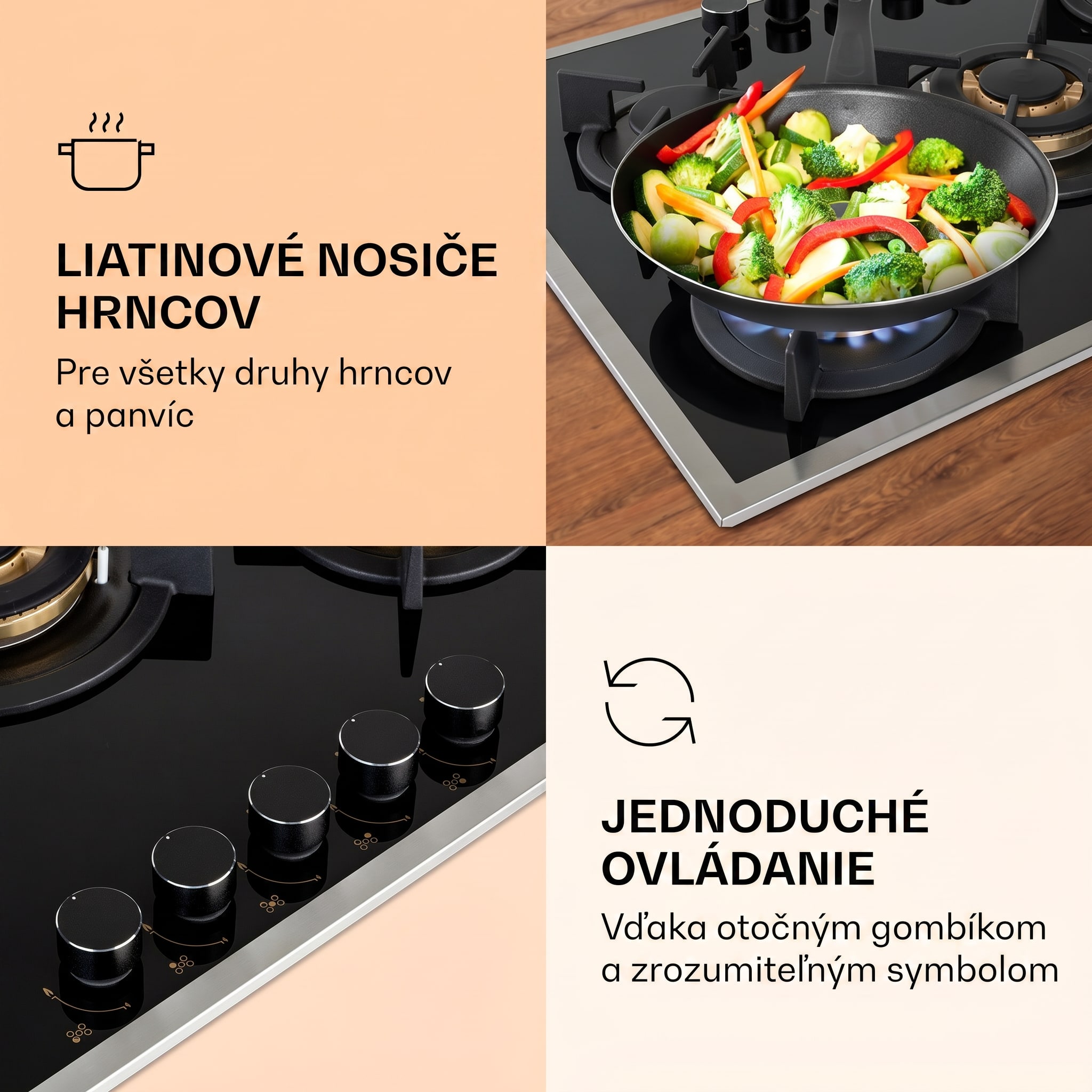 Klarstein Goldflame 5 Prime, plynová varná doska, 5 Messing horákov, sklokeramika – Obrázok 2