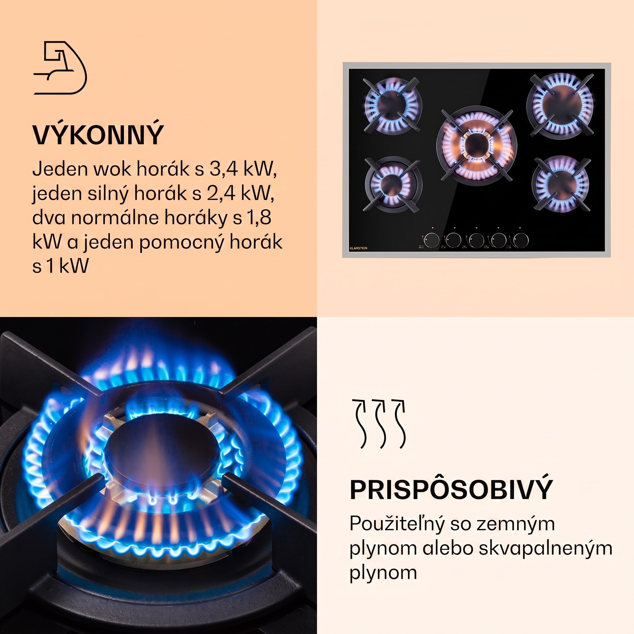 Klarstein Goldflame 5 Prime, plynová varná doska, 5 Messing horákov, sklokeramika – Obrázok 3