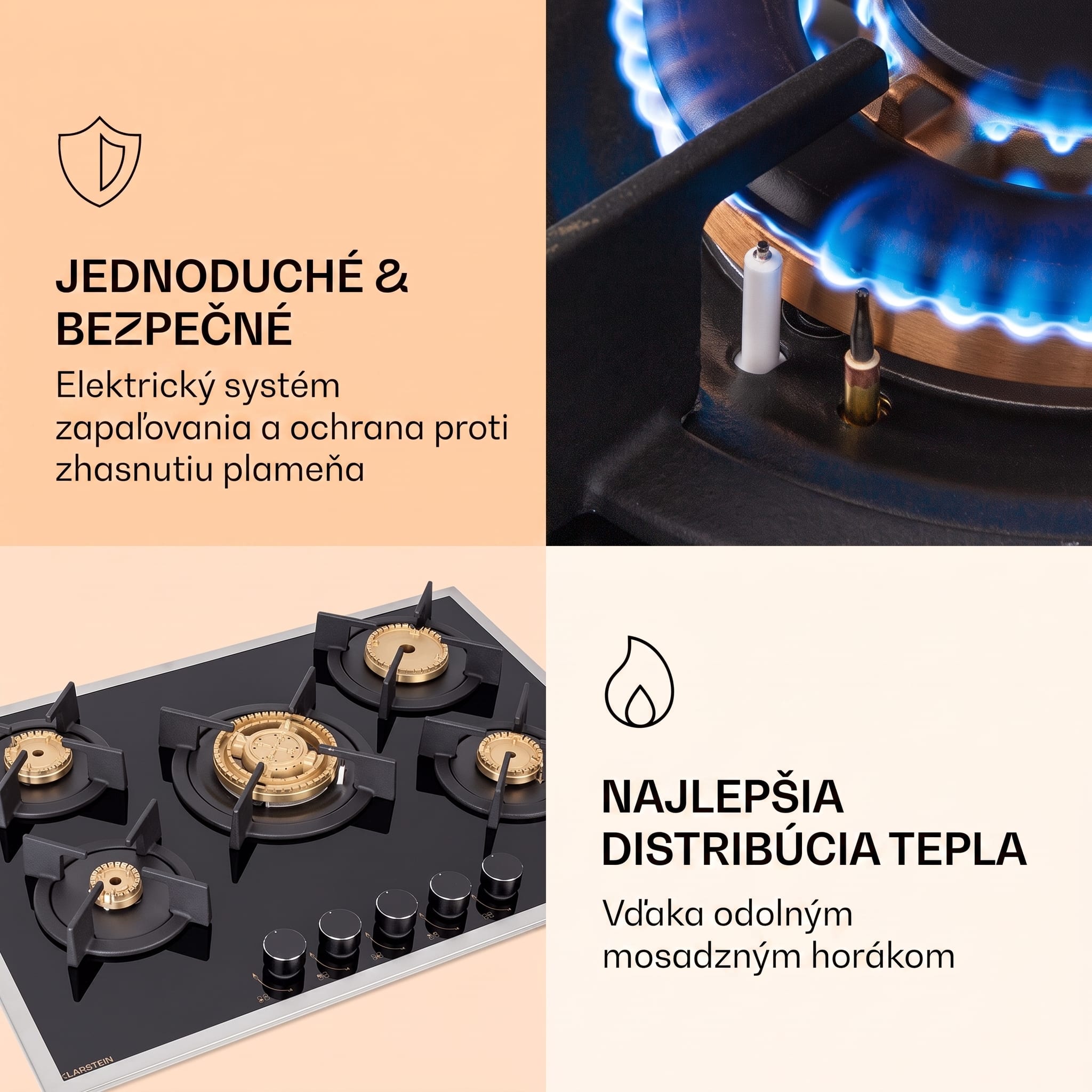 Klarstein Goldflame 5 Prime, plynová varná doska, 5 Messing horákov, sklokeramika – Obrázok 4