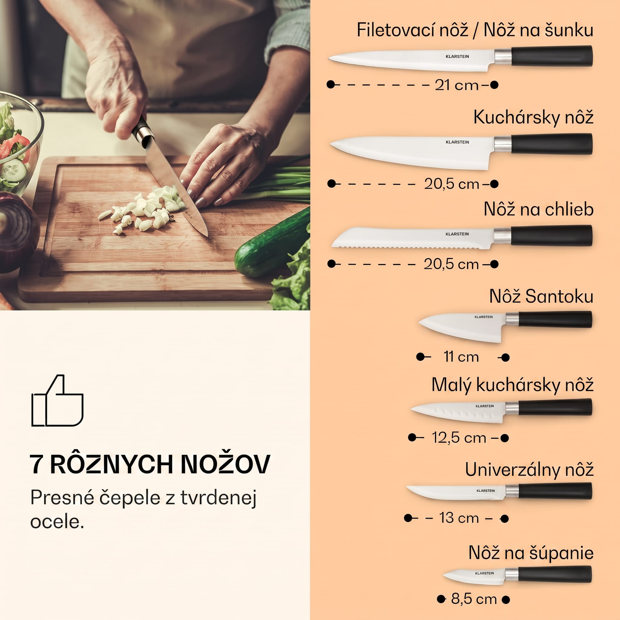 Klarstein Kitano 8-dielna sada nožov so stojanom 7 nožov oceľ, elegantný drevený blok – Obrázok 3