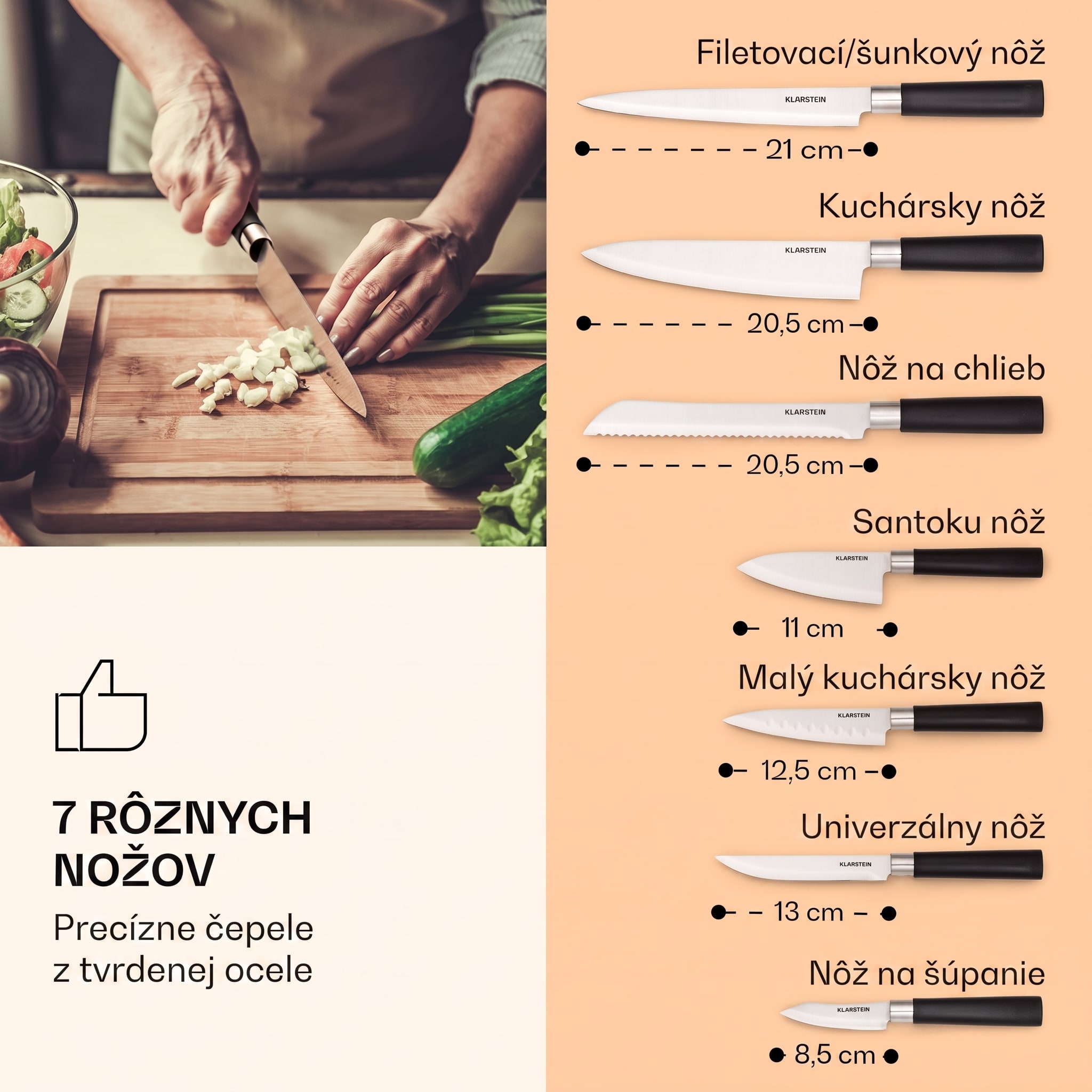 Klarstein Kitano, sada nožov s blokom, 8-dielna, 7 nožov, oceľ, luxusný drevený blok – Obrázok 3