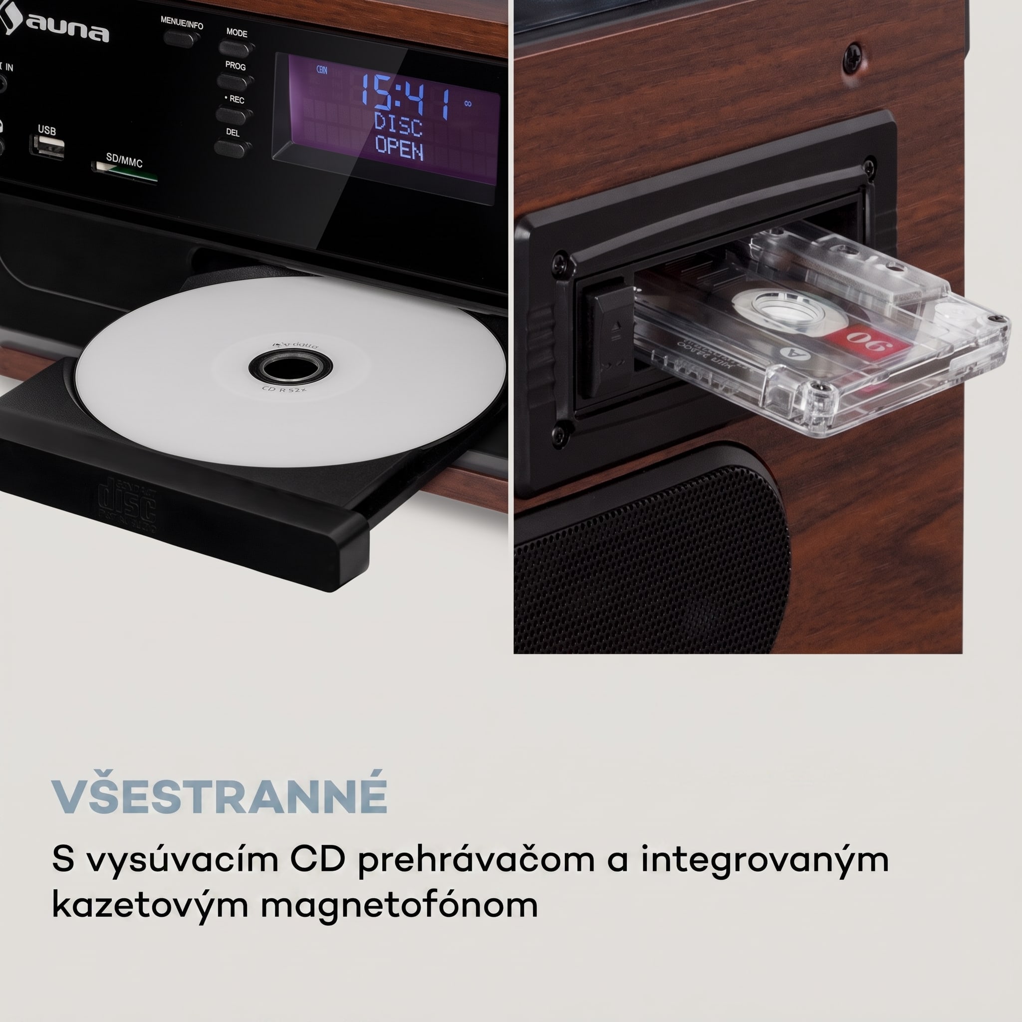 Auna Oakland DAB, retro stereo systém, DAB+/FM, BT funkcia, vinyl, CD, kazetový prehárvač – Obrázok 4