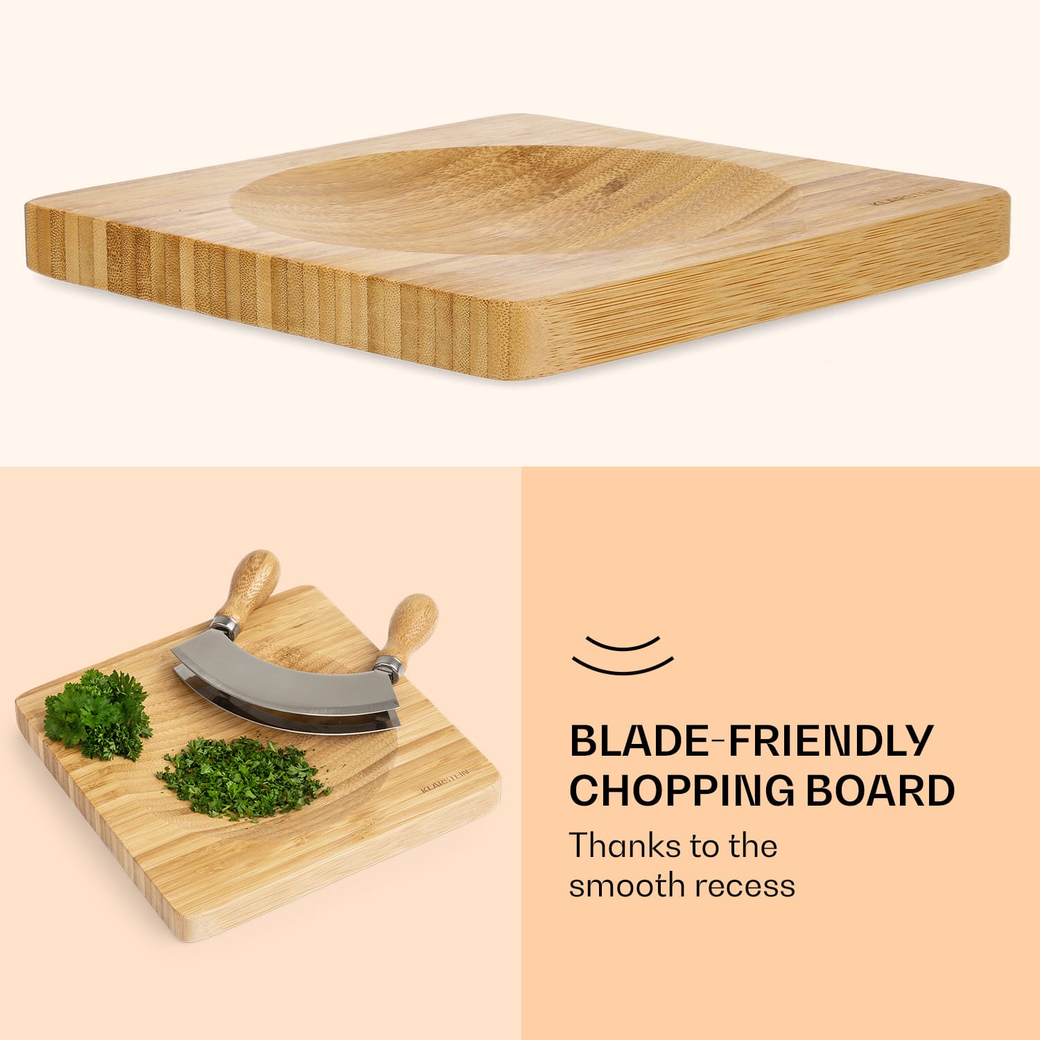 Klarstein Doska na bylinky, vrátane sekáčiku s dvomi čepeľami, 20 x 2 x 20 cm, bambus – Obrázok 2