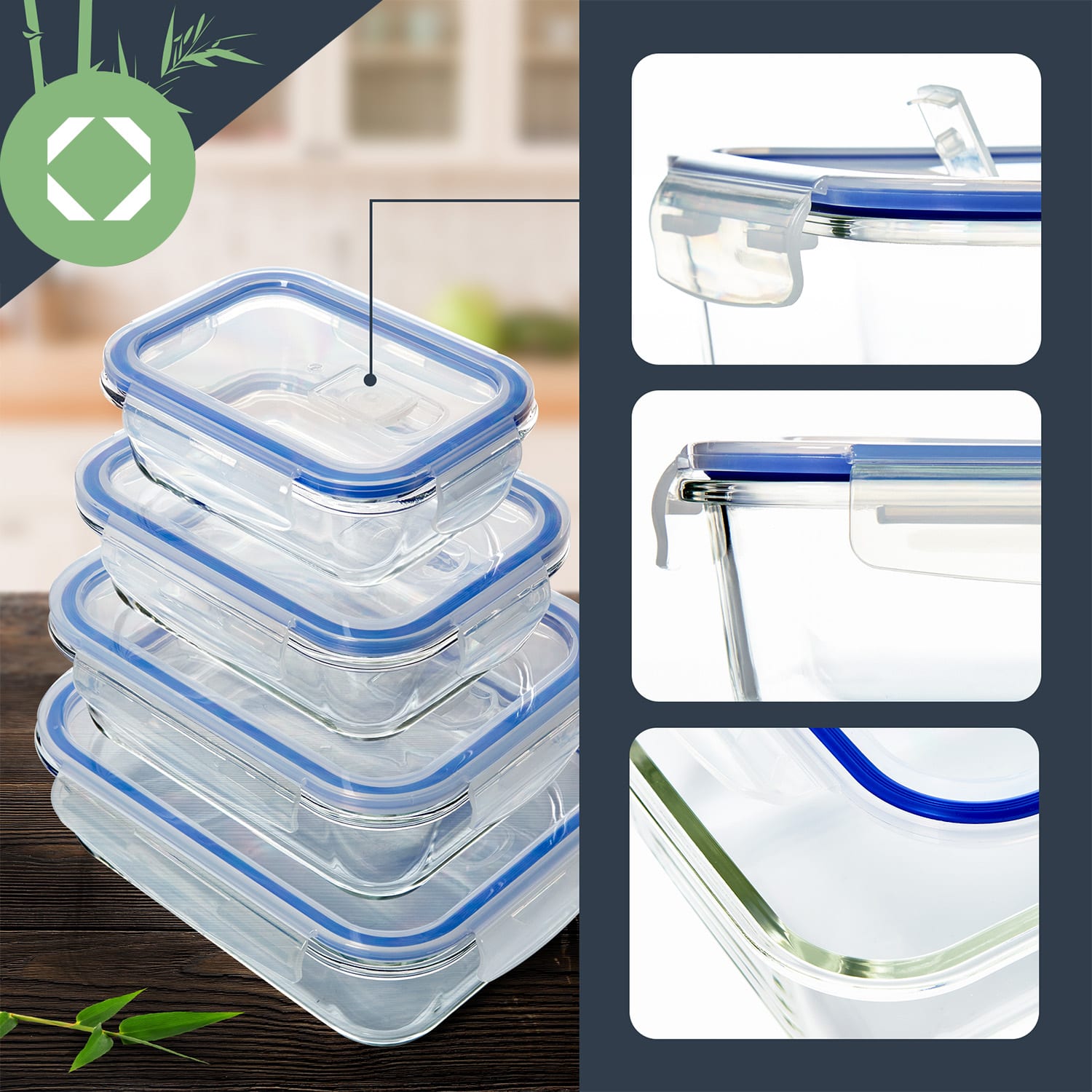 Klarstein Súprava 4 ks obdĺžnikových sklenených boxov s viečkom 1520 ml, 1040 ml, 640 ml, 370 ml – Obrázok 2