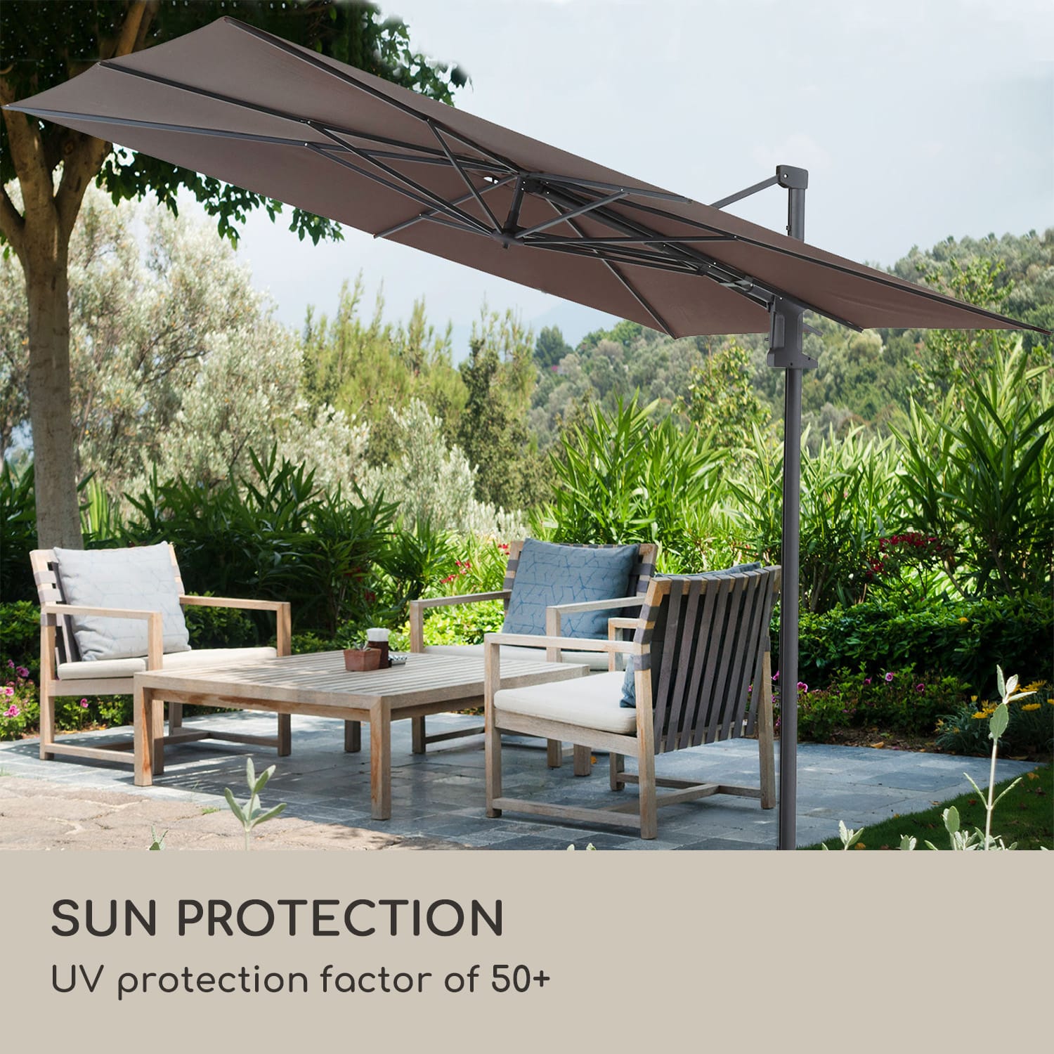 Blumfeldt Saint-Tropez, závesný slnečník, 3-osová rotácia, 360° otočný, 3 x 3,55 m, UV 50+ – Obrázok 4