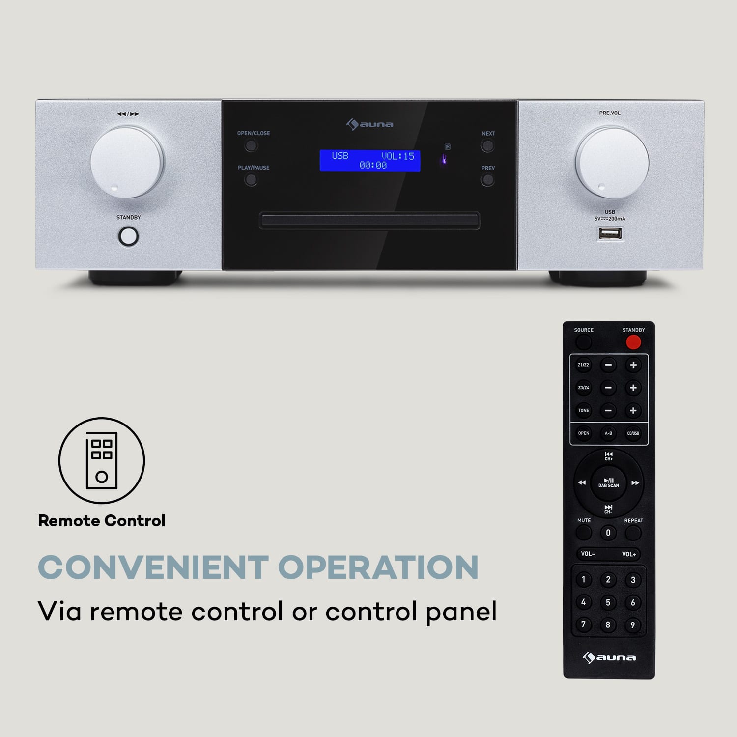 Auna CD-1000 DG, CD Prehrávač, USB, MP3, diaľkové ovládanie, LED displej, hliník – Obrázok 2