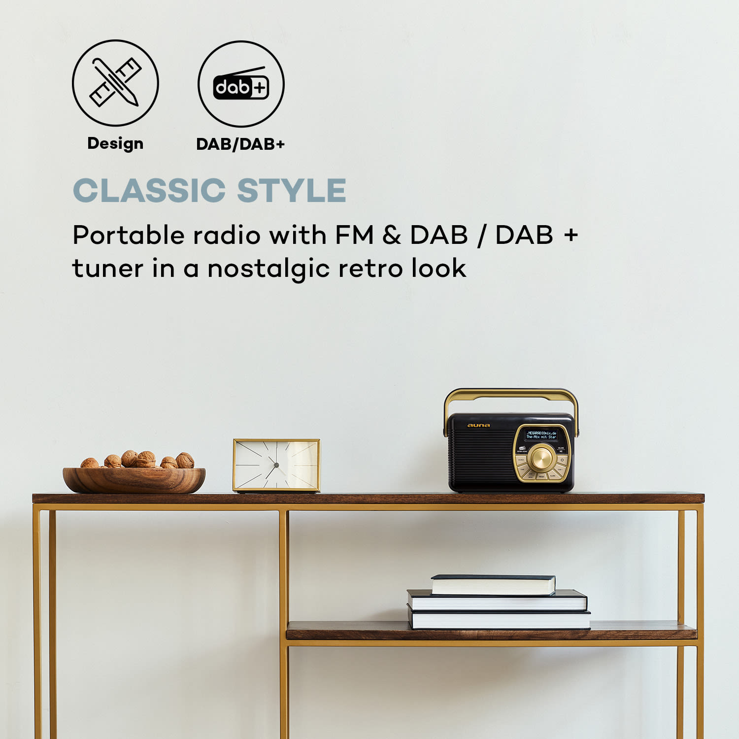 Auna Buddy Digitálne rádio DAB/DAB+/UKW Bluetooth 5.0 AUX 1Ah batéria Mobilné retro