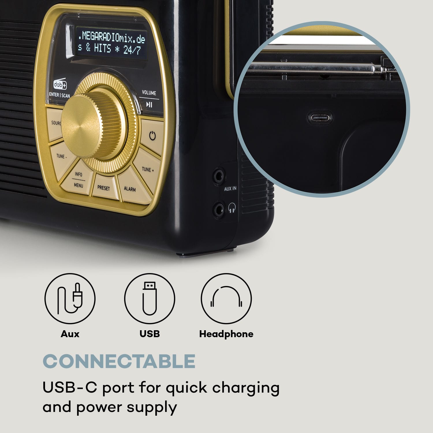 Auna Buddy Digitálne rádio DAB/DAB+/UKW Bluetooth 5.0 AUX 1Ah batéria Mobilné retro – Obrázok 3