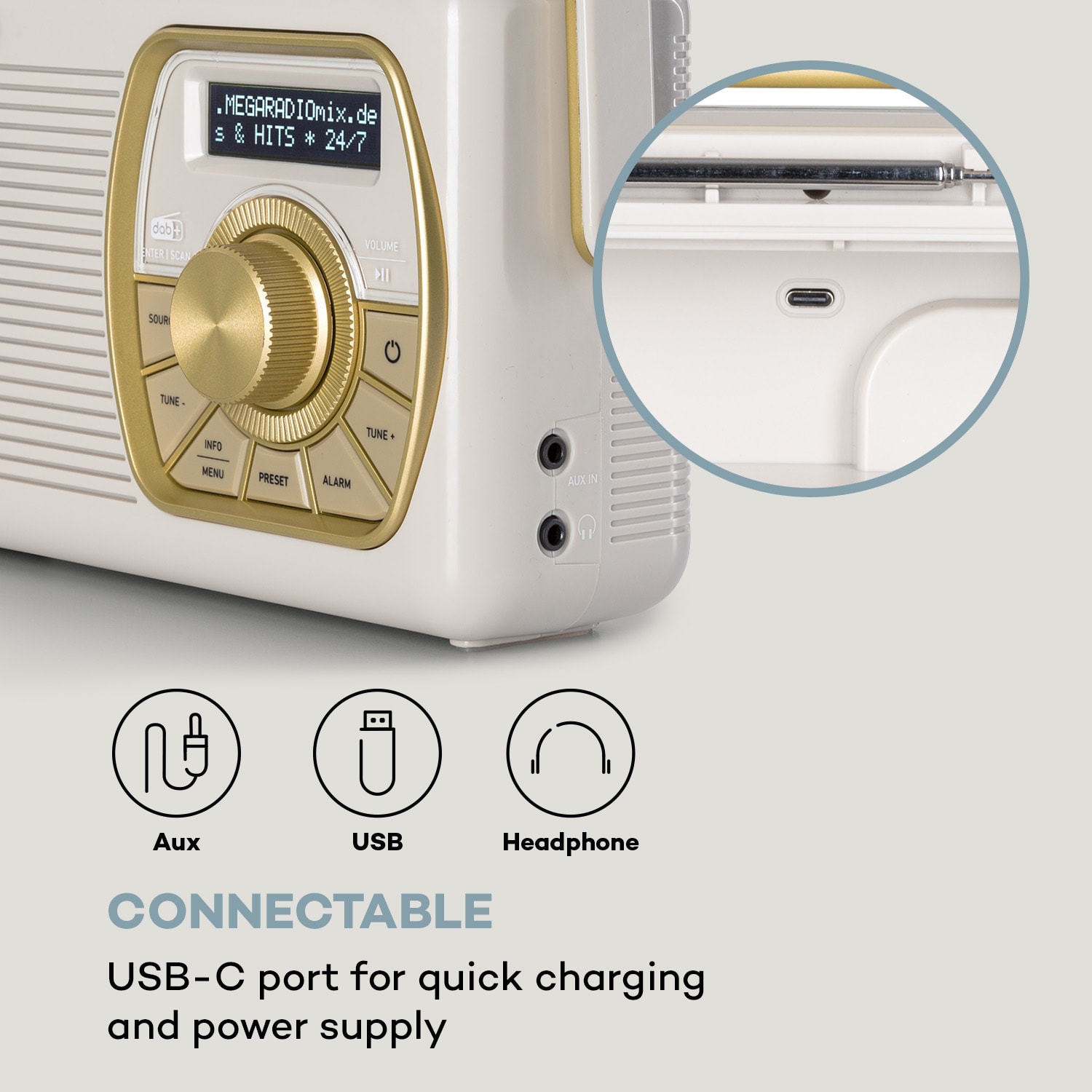 Auna Buddy Digitálne rádio DAB/DAB+/UKW Bluetooth 5.0 AUX 1Ah batéria Mobilné retro – Obrázok 3