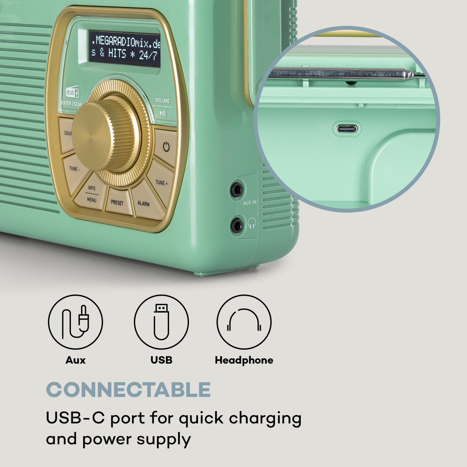 Auna Buddy Digitálne rádio DAB/DAB+/UKW Bluetooth 5.0 AUX 1Ah batéria Mobilné retro – Obrázok 3
